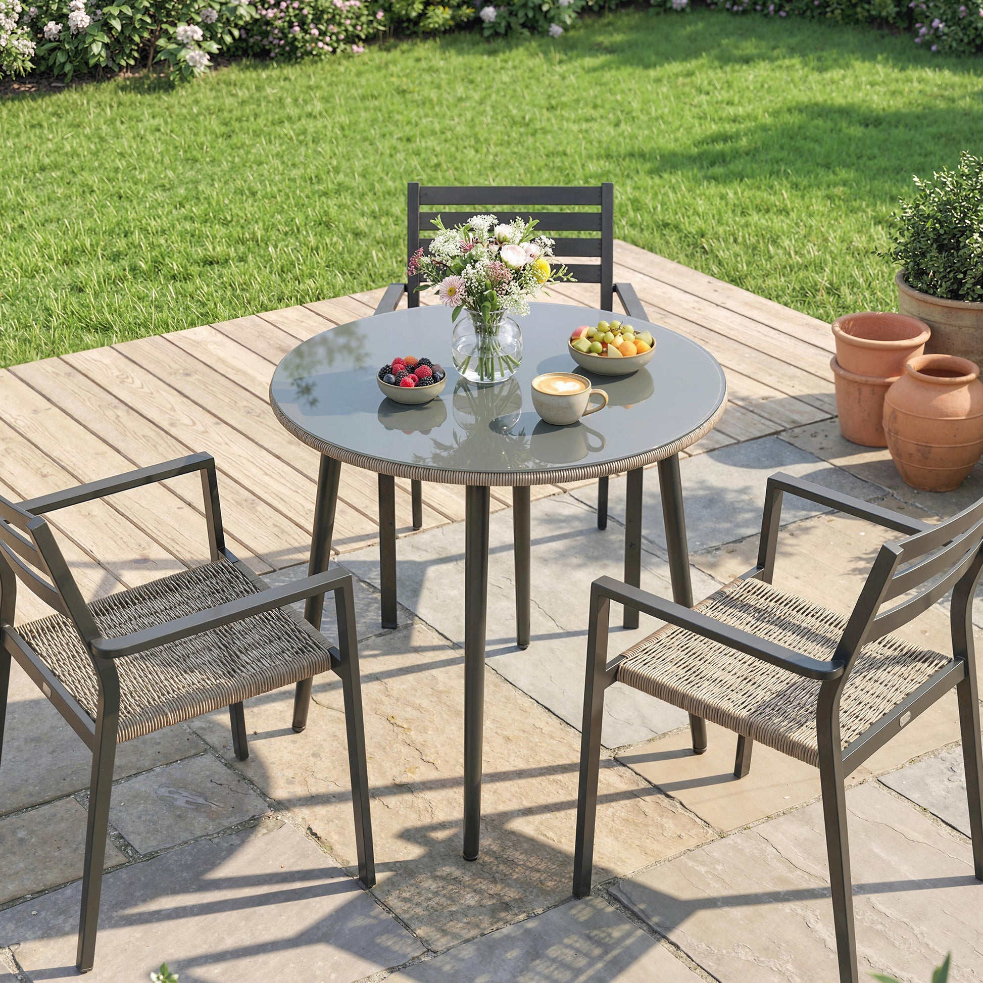 Outsunny Mesa de Comedor de Jardín Redonda, Mesa de Terraza Exterior 80x80x74 cm, con Tablero de Vidrio Templado con Borde de Ratán, Estructura de Acero, Carga 50 kg, para Patio, Balcón, Gris