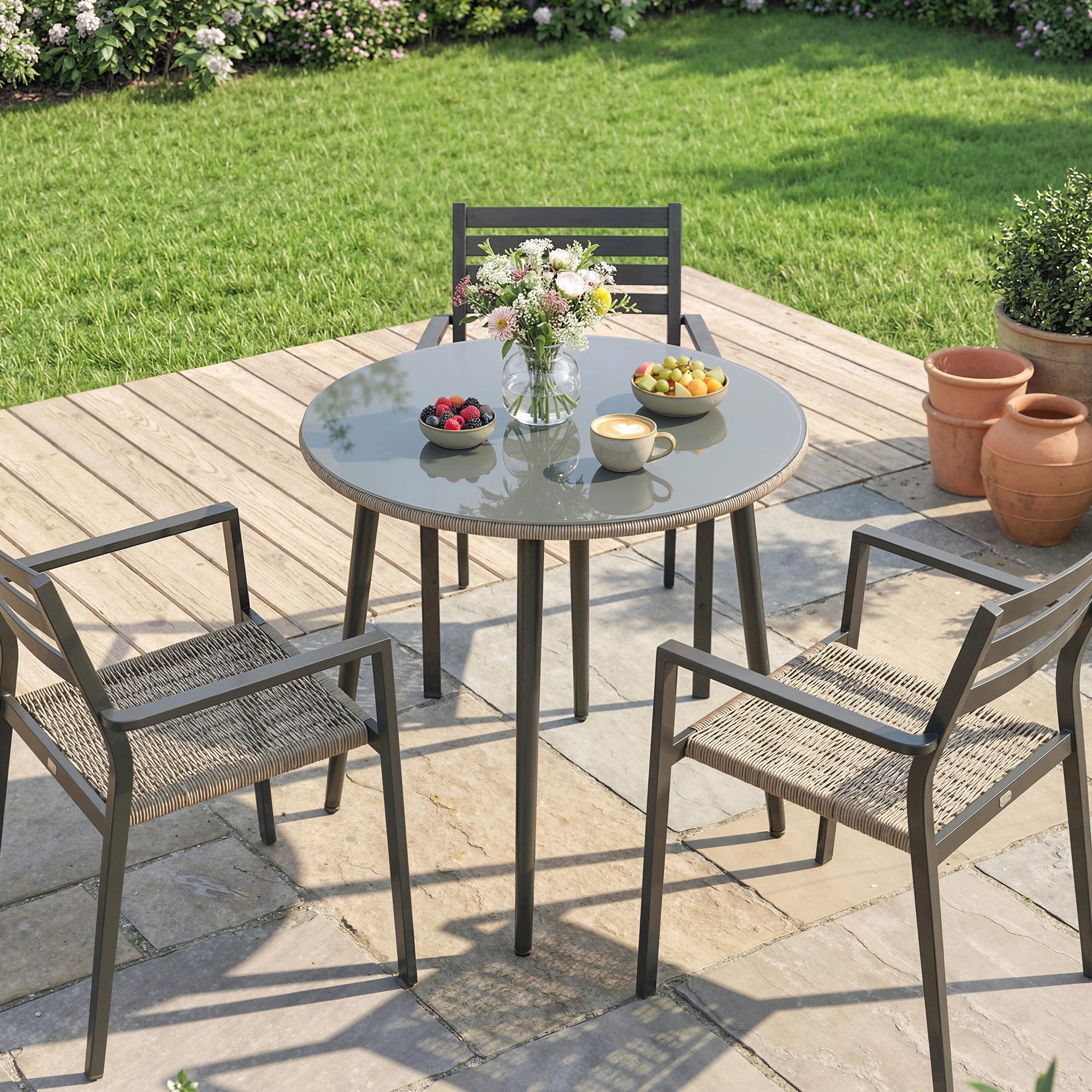 Outsunny Mesa de Comedor de Jardín Redonda, Mesa de Terraza Exterior 80x80x74 cm, con Tablero de Vidrio Templado con Borde de Ratán, Estructura de Acero, Carga 50 kg, para Patio, Balcón, Gris