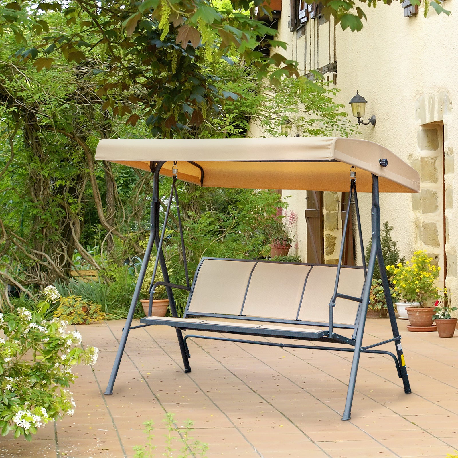Outsunny Columpio de Jardín Exterior de 3 Plazas con Toldo Reclinable, Balancín de Jardín Exterior con Respaldo Transpirable y Marco de Acero, para Terraza Balcón, 175x118x159 cm, Beige