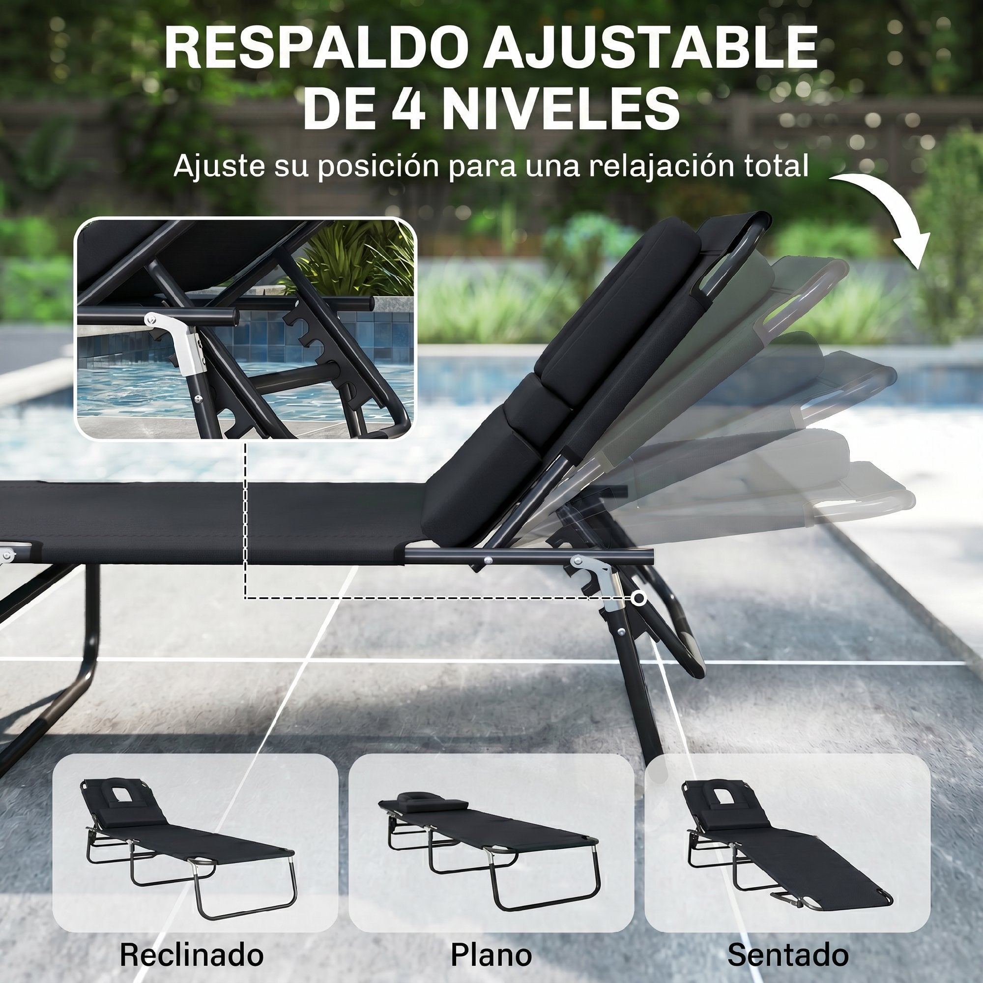 Outsunny Tumbona Plegable con Respaldo Regulable en 4 Posiciones Tumbona de Jardín con Orificio de Lectura Almohada Marco Metálico y Tela Oxford para Playa Terraza Carga 120 kg 190x56x28 cm Negro