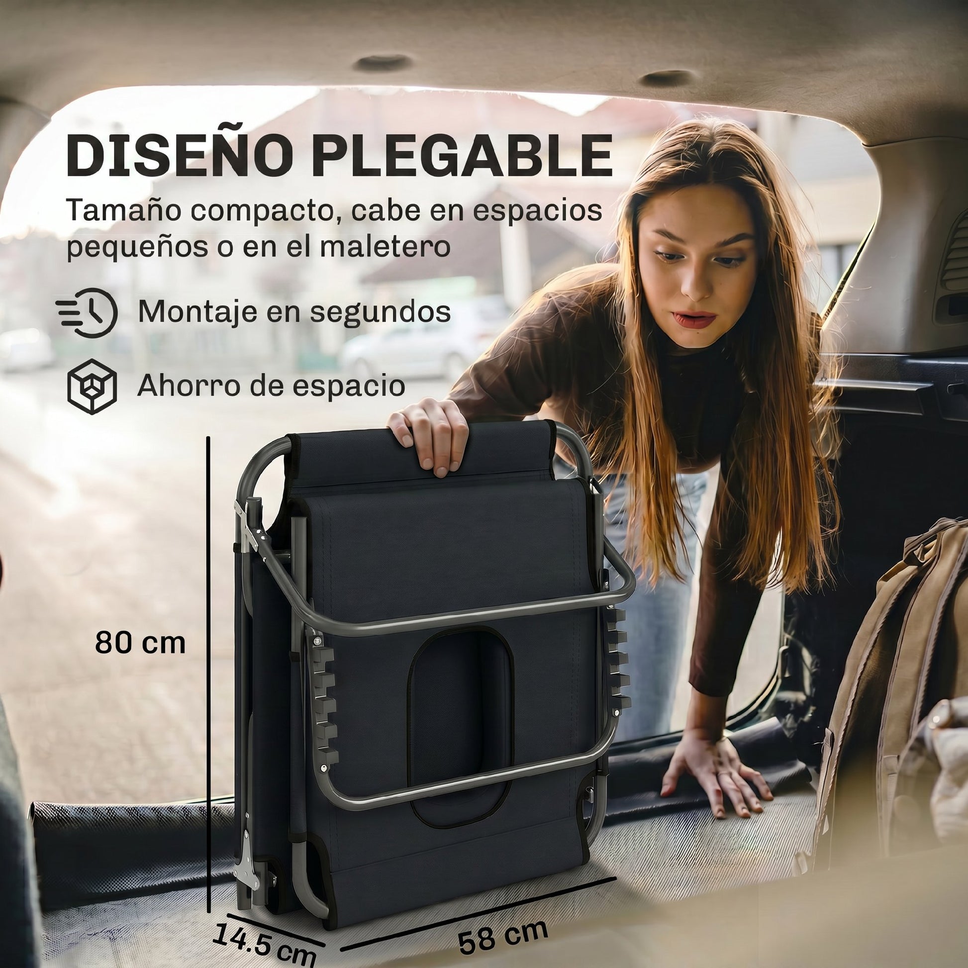 Outsunny Tumbona Plegable con Respaldo Regulable en 4 Posiciones Tumbona de Jardín con Orificio de Lectura Almohada Marco Metálico y Tela Oxford para Playa Terraza Carga 120 kg 190x56x28 cm Negro