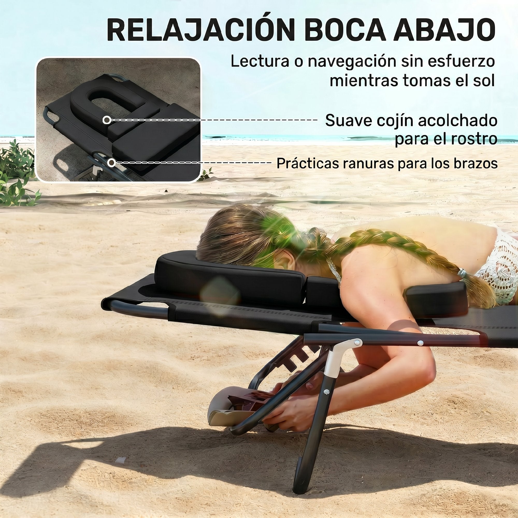 Outsunny Tumbona Plegable con Respaldo Regulable en 4 Posiciones Tumbona de Jardín con Orificio de Lectura Almohada Marco Metálico y Tela Oxford para Playa Terraza Carga 120 kg 190x56x28 cm Negro