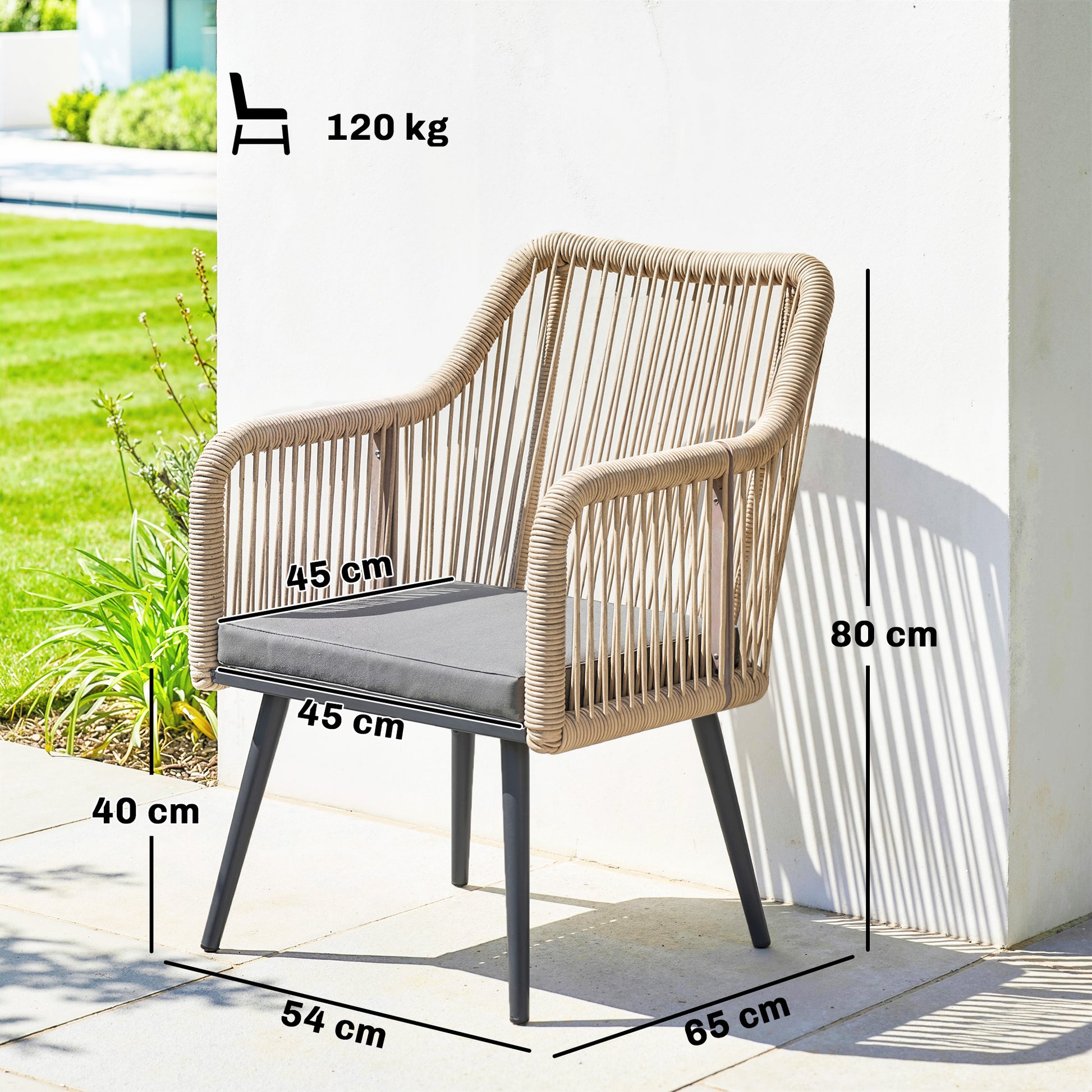 Outsunny Juego de 2 Sillas de Jardín Exterior de Ratán, Sillas Terraza Exterior con Cojines, Reposabrazos y Marco de Acero, Resistente a la Intemperie, para Balcón, Terraza, 54x65x80 cm, Gris Claro