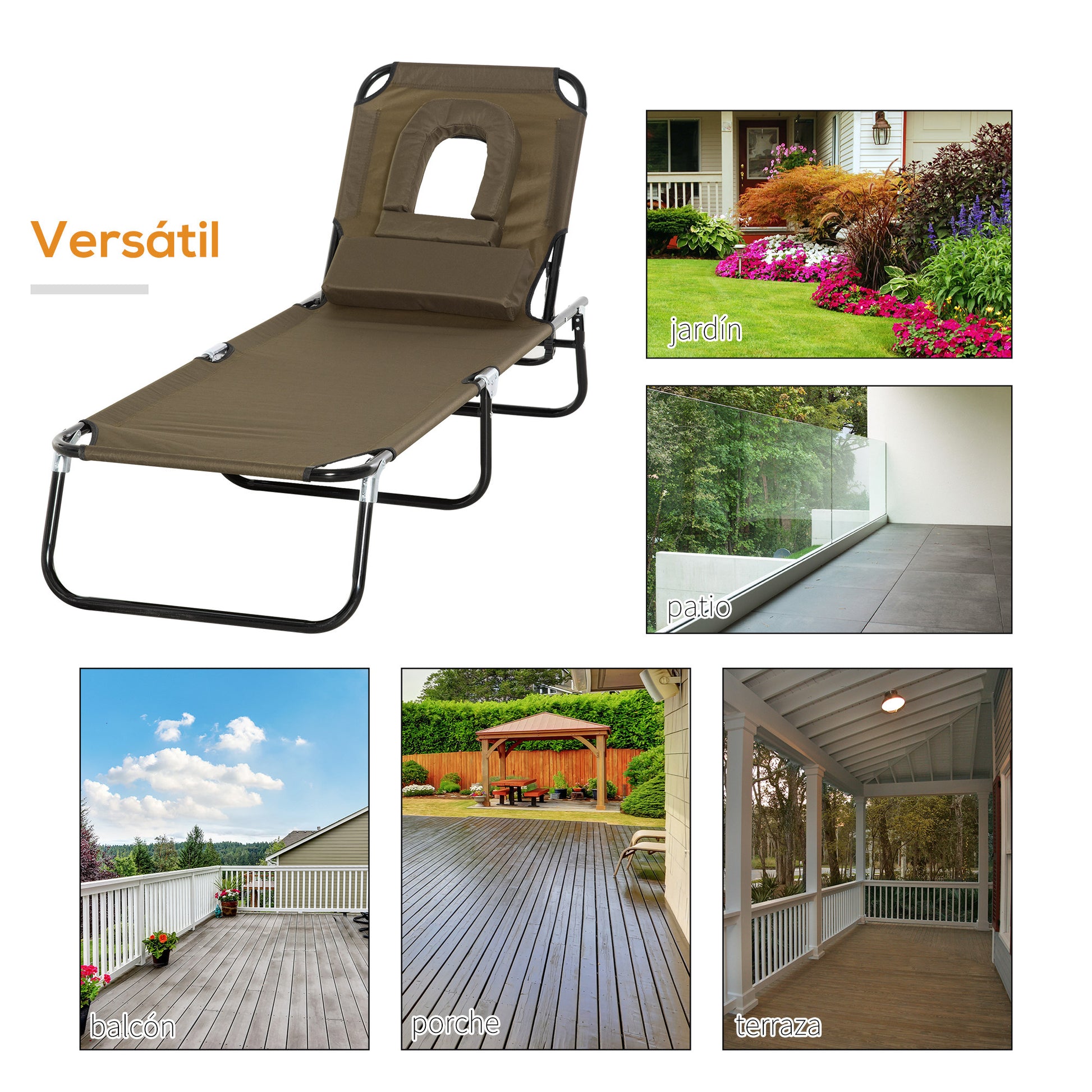 Outsunny Tumbona Plegable con Respaldo Regulable en 4 Posiciones Tumbona de Jardín con Orificio de Lectura Almohada Marco Metálico y Tela Oxford para Playa Terraza Carga 120 kg 190x56x28 cm Marrón