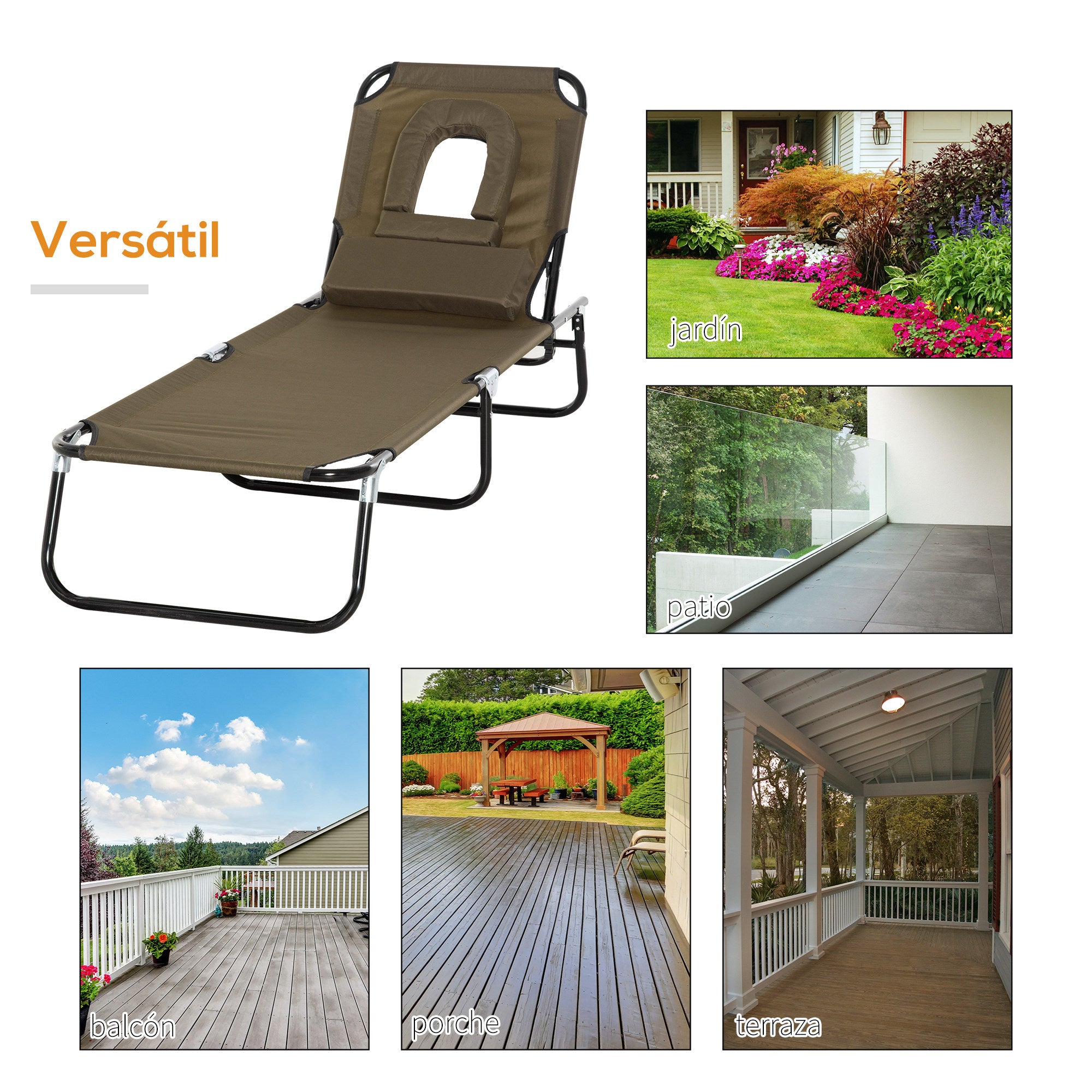 Outsunny Tumbona Plegable con Respaldo Regulable en 4 Posiciones Tumbona de Jardín con Orificio de Lectura Almohada Marco Metálico y Tela Oxford para Playa Terraza Carga 120 kg 190x56x28 cm Marrón