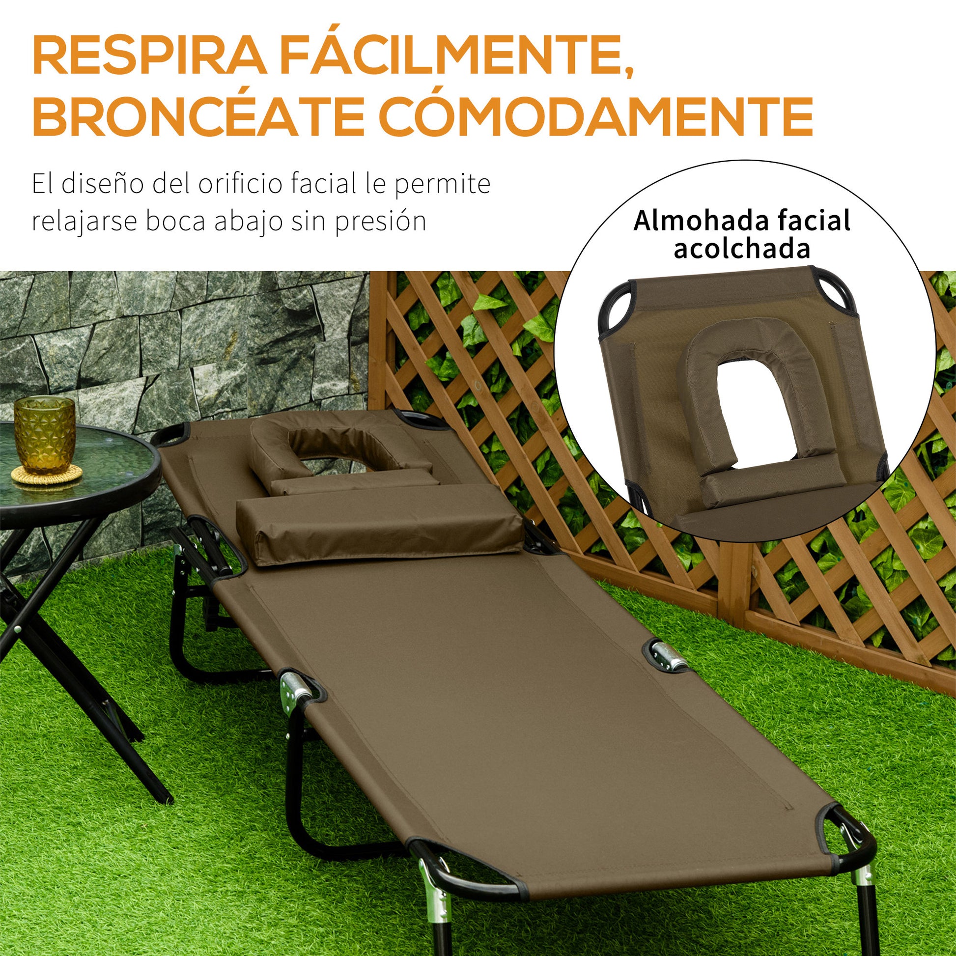 Outsunny Tumbona Plegable con Respaldo Regulable en 4 Posiciones Tumbona de Jardín con Orificio de Lectura Almohada Marco Metálico y Tela Oxford para Playa Terraza Carga 120 kg 190x56x28 cm Marrón