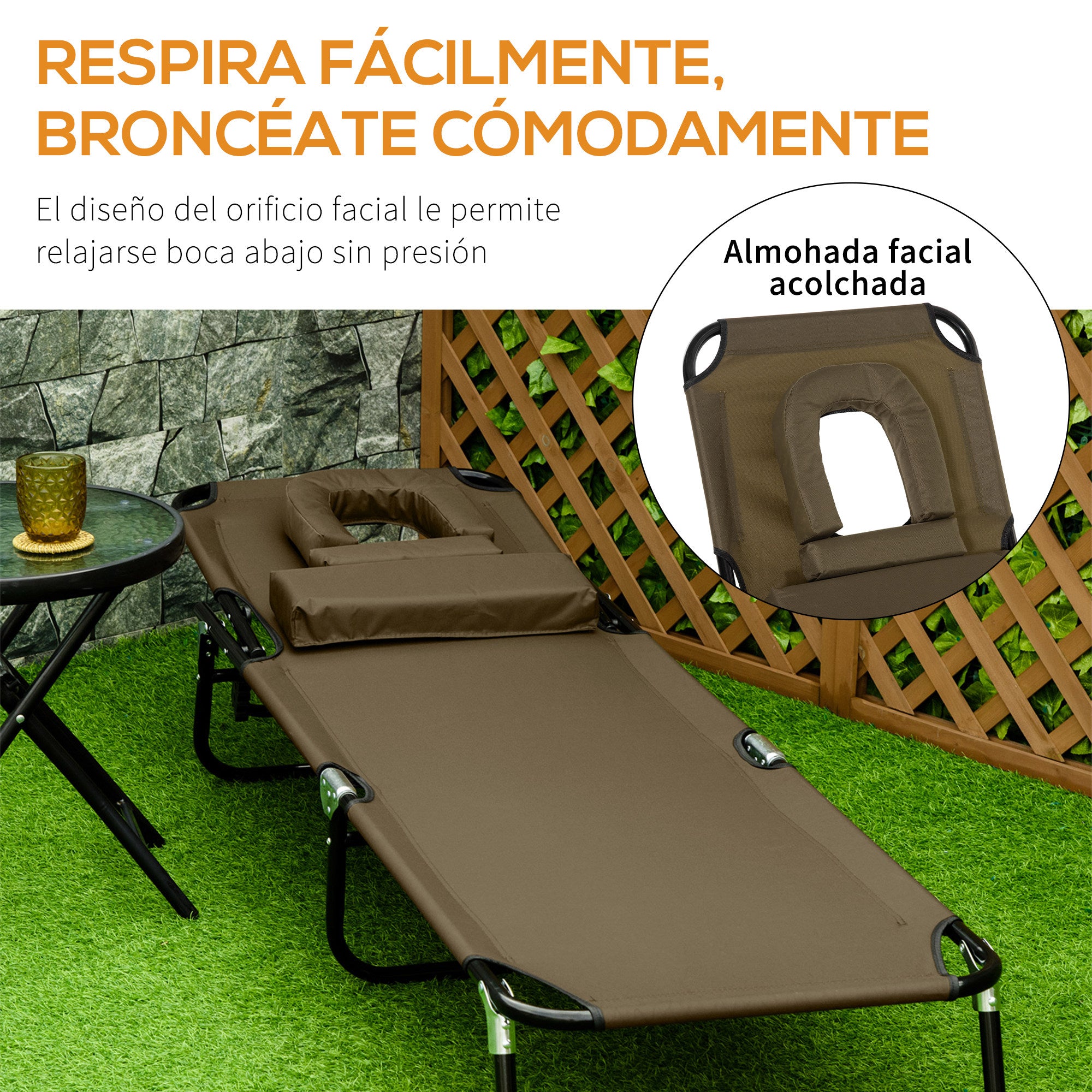 Outsunny Tumbona Plegable con Respaldo Regulable en 4 Posiciones Tumbona de Jardín con Orificio de Lectura Almohada Marco Metálico y Tela Oxford para Playa Terraza Carga 120 kg 190x56x28 cm Marrón