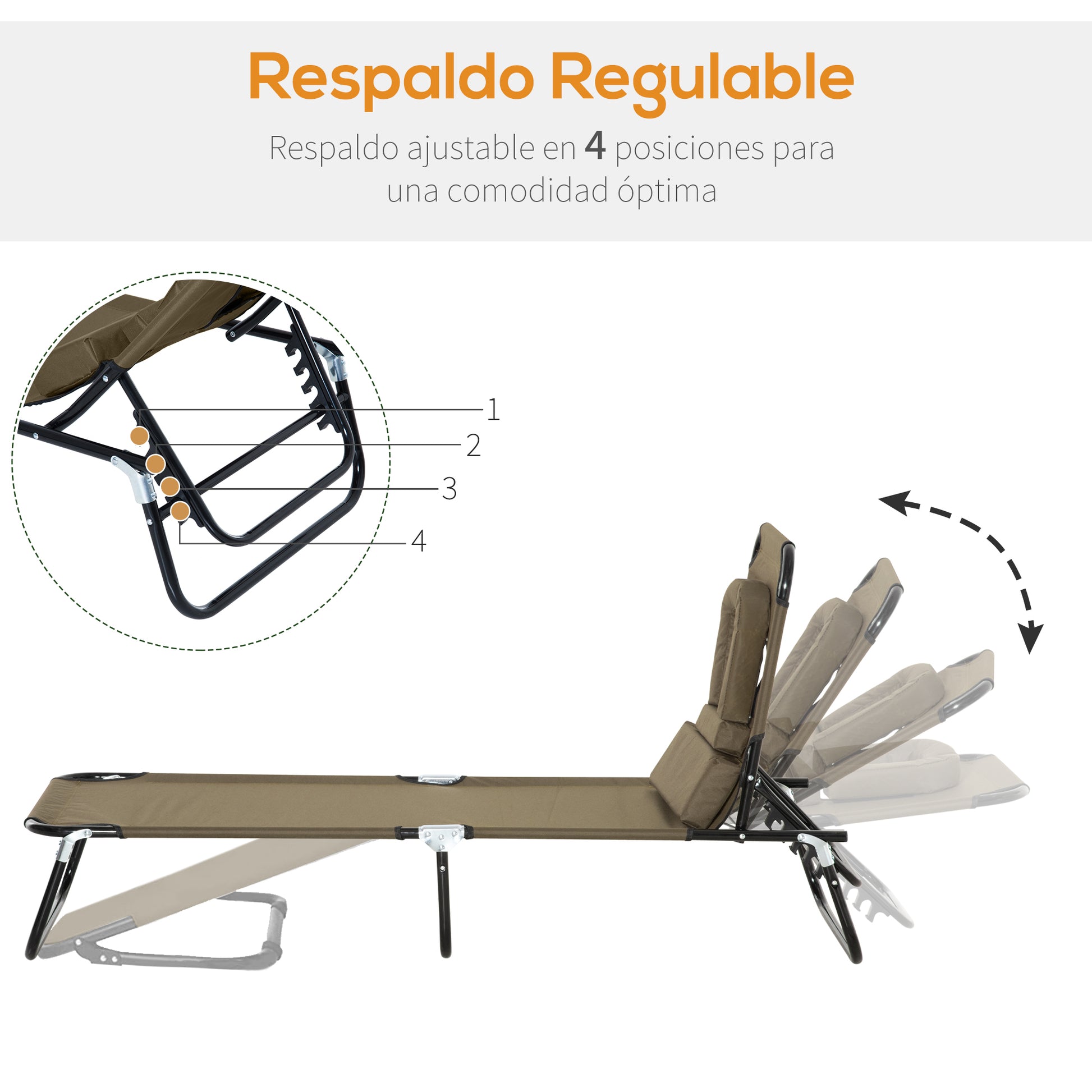 Outsunny Tumbona Plegable con Respaldo Regulable en 4 Posiciones Tumbona de Jardín con Orificio de Lectura Almohada Marco Metálico y Tela Oxford para Playa Terraza Carga 120 kg 190x56x28 cm Marrón