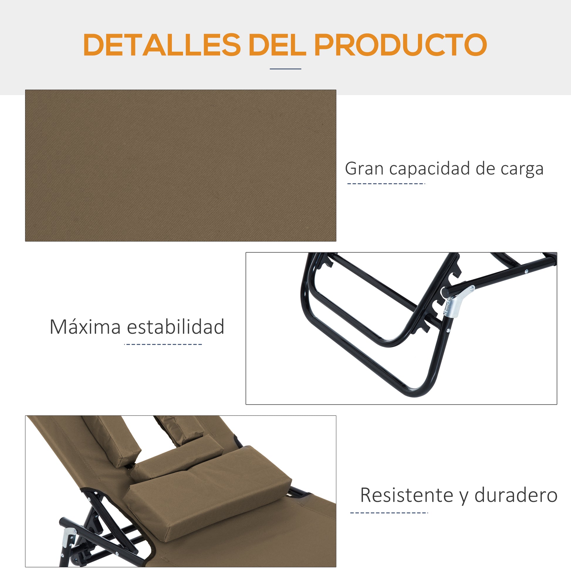 Outsunny Tumbona Plegable con Respaldo Regulable en 4 Posiciones Tumbona de Jardín con Orificio de Lectura Almohada Marco Metálico y Tela Oxford para Playa Terraza Carga 120 kg 190x56x28 cm Marrón