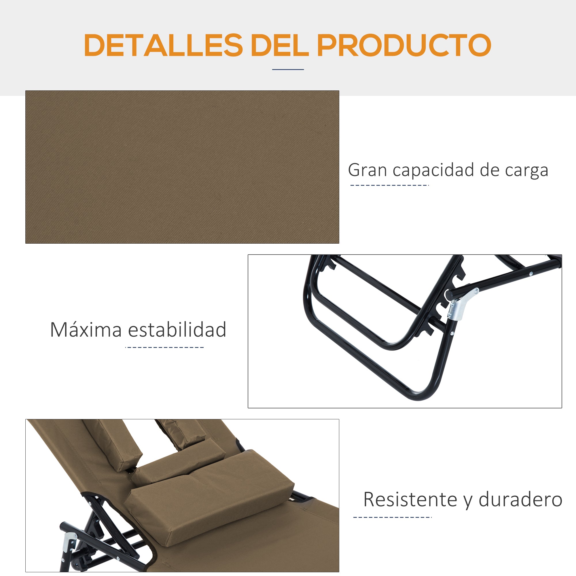 Outsunny Tumbona Plegable con Respaldo Regulable en 4 Posiciones Tumbona de Jardín con Orificio de Lectura Almohada Marco Metálico y Tela Oxford para Playa Terraza Carga 120 kg 190x56x28 cm Marrón