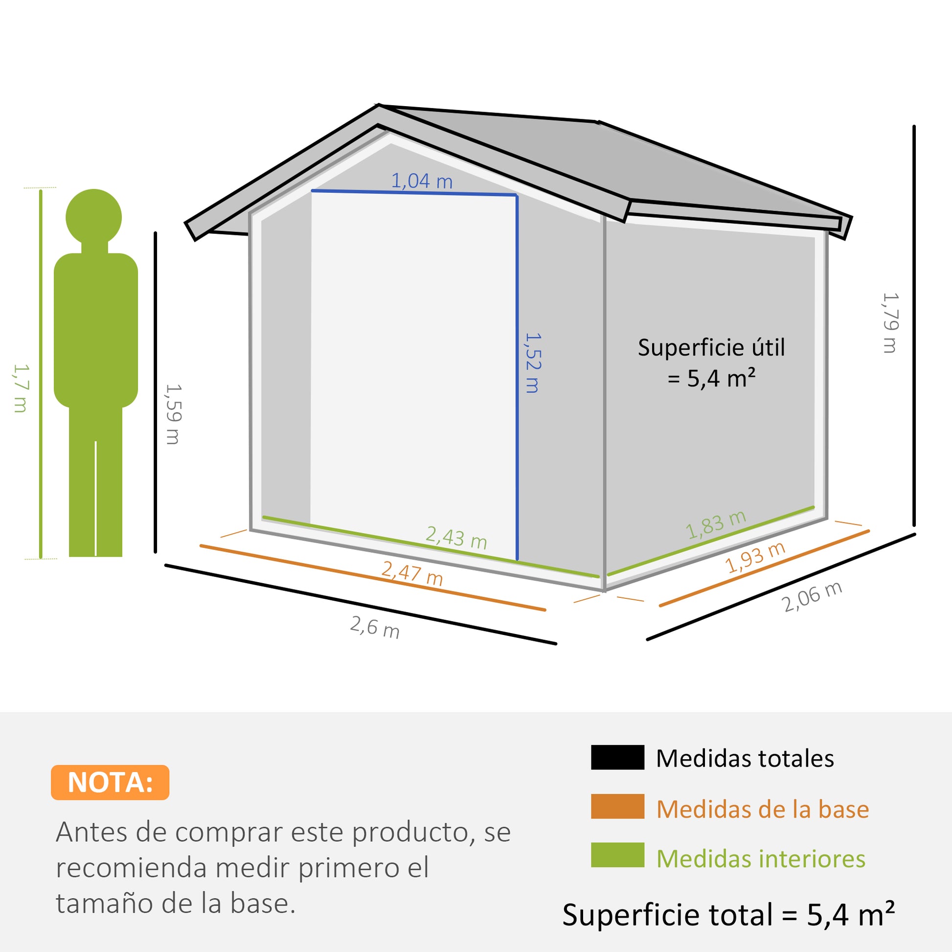 Outsunny Cobertizo de Jardín 260x206x179 cm con Base de 4,7m² Caseta Metálica con Puertas Correderas y Ventilaciones para Almacenamiento de Herramientas Jardinería Verde