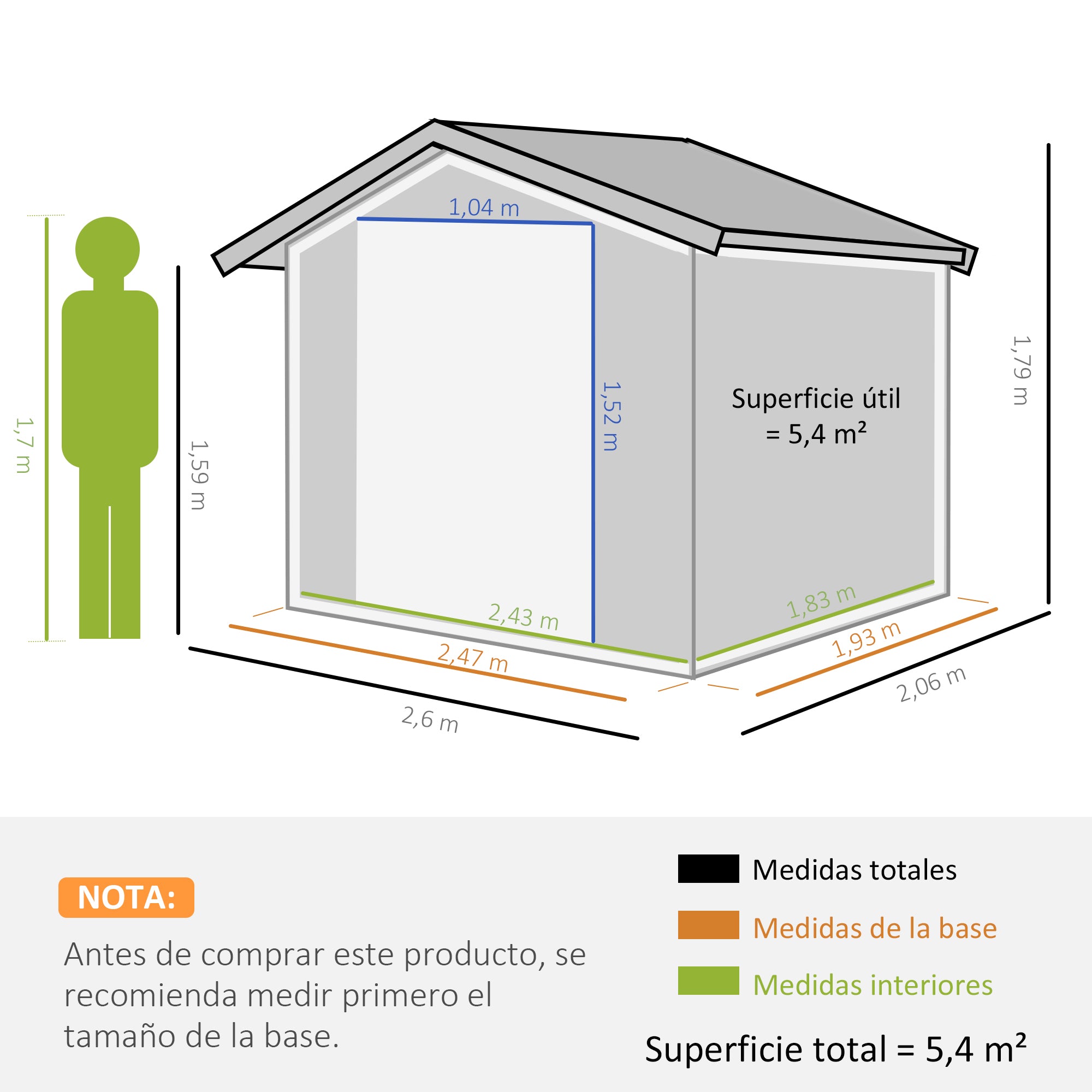 Outsunny Cobertizo de Jardín 260x206x179 cm con Base de 4,7m² Caseta Metálica con Puertas Correderas y Ventilaciones para Almacenamiento de Herramientas Jardinería Verde