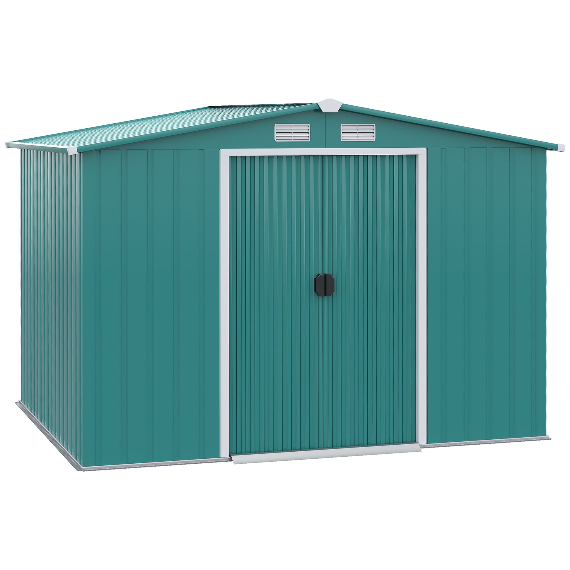 Outsunny Cobertizo de Jardín 260x206x179 cm con Base de 4,7m² Caseta Metálica con Puertas Correderas y Ventilaciones para Almacenamiento de Herramientas Jardinería Verde