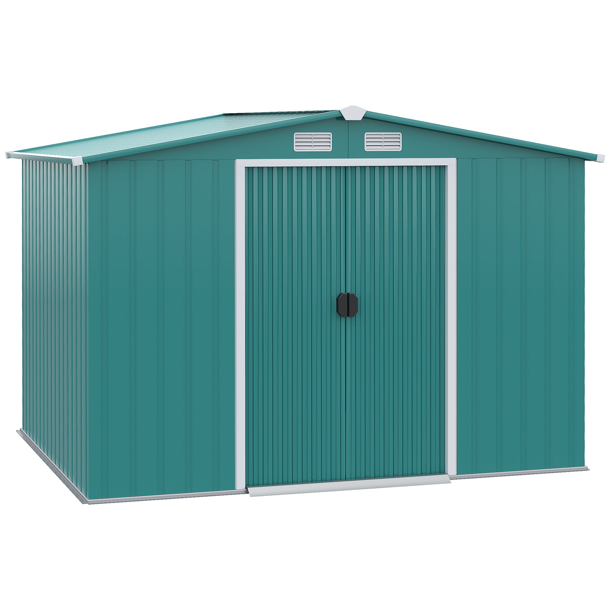 Outsunny Cobertizo de Jardín 260x206x179 cm con Base de 4,7m² Caseta Metálica con Puertas Correderas y Ventilaciones para Almacenamiento de Herramientas Jardinería Verde