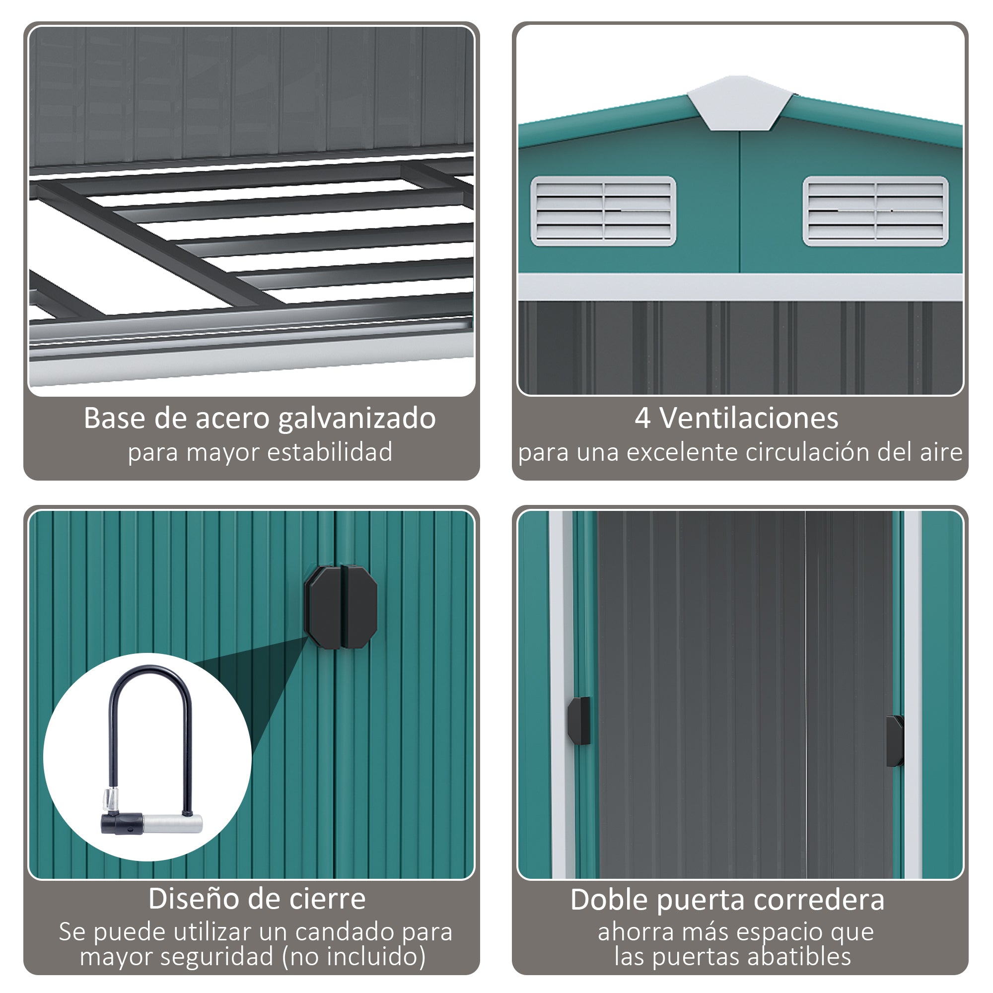 Outsunny Cobertizo de Jardín 260x206x179 cm con Base de 4,7m² Caseta Metálica con Puertas Correderas y Ventilaciones para Almacenamiento de Herramientas Jardinería Verde