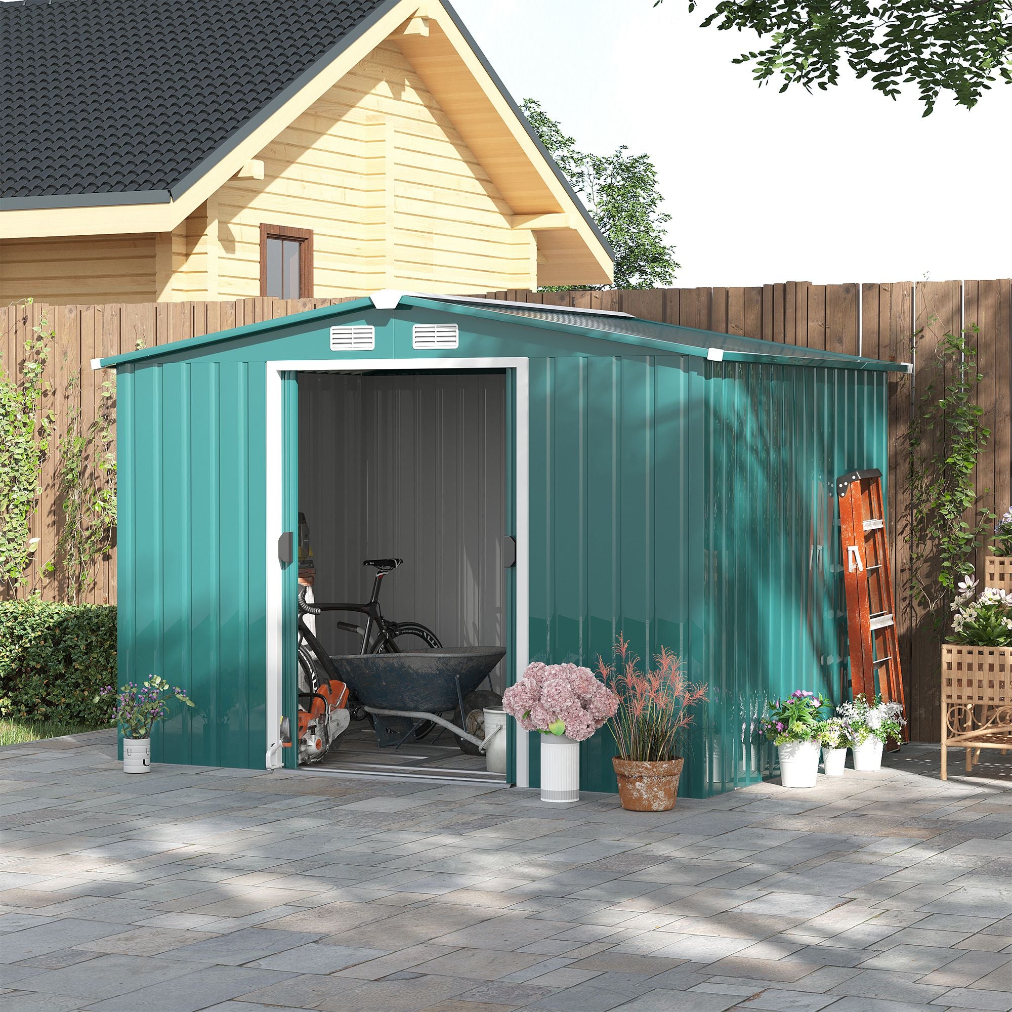 Outsunny Cobertizo de Jardín 260x206x179 cm con Base de 4,7m² Caseta Metálica con Puertas Correderas y Ventilaciones para Almacenamiento de Herramientas Jardinería Verde