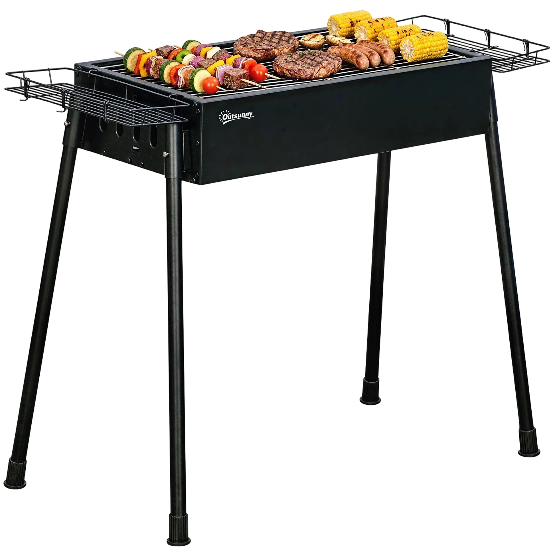 Outsunny Barbacoa de Carbón con 2 Parrillas de Acero Inoxidable Barbacoa Portátil con 2 Especieros para Acampar Picnic Camping Jardín 94x39x70 cm Negro