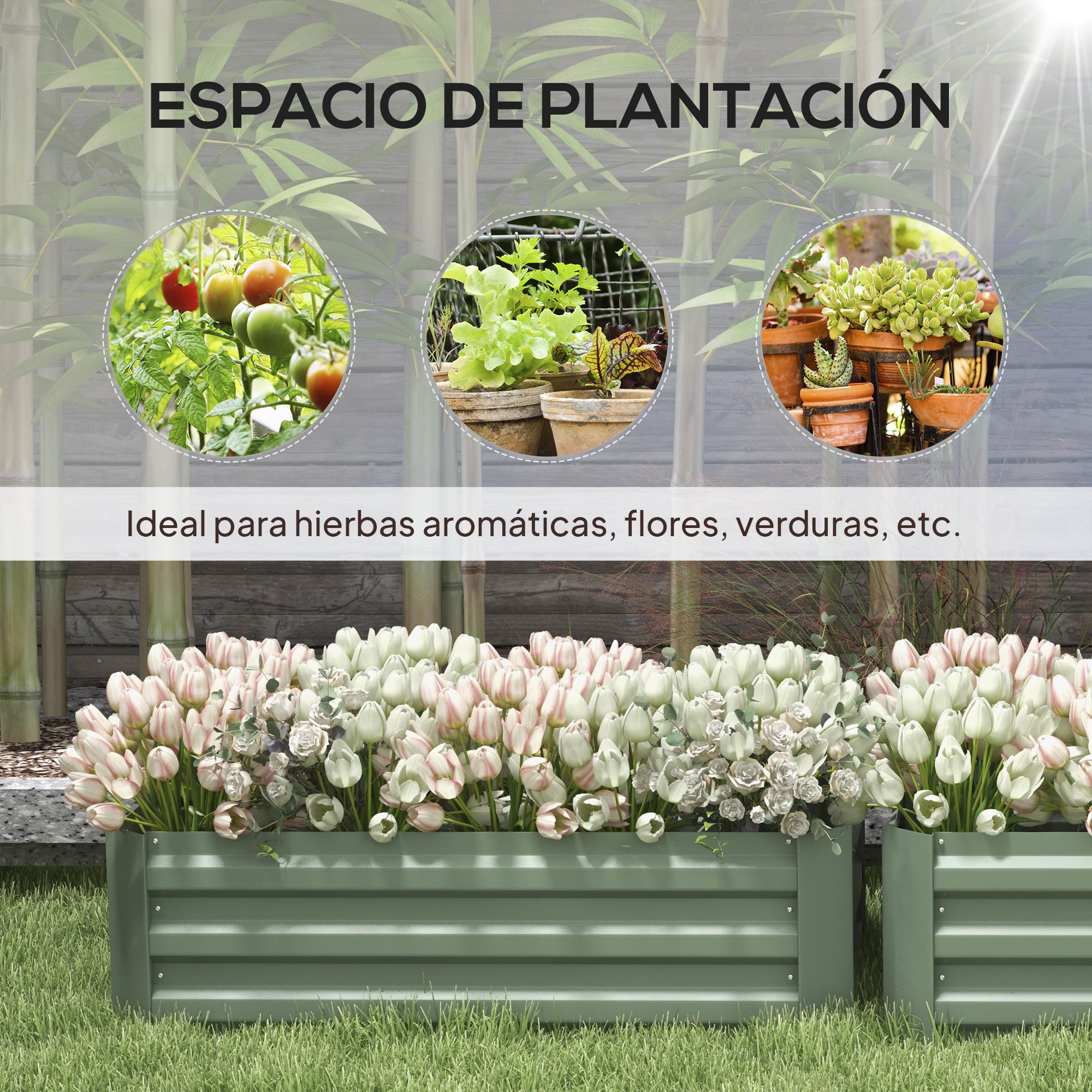 Outsunny Juego de 2 Jardineras Exterior Grandes de Acero Galvanizado, Huertos Urbanos, Maceteros Exterior Elevados para Plantas, Flores, Terraza, Resistente a la Intemperie, 100x50x30 cm, Verde