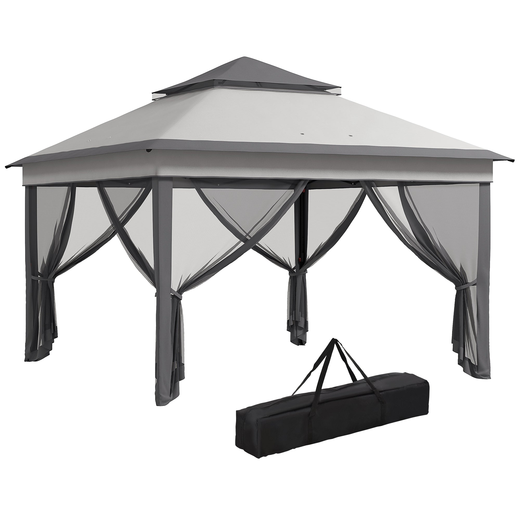Outsunny Carpa Plegable 3x3x2,7 m Cenador de Jardín con Doble Techo Altura Ajustable 4 Mosquiteras Protección UV30+ Impermeable y Bolsa Gazebo para Exterior Fiestas Camping Gris
