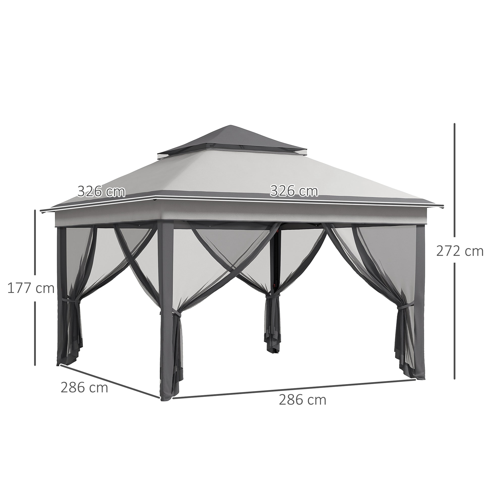 Outsunny Carpa Plegable 3x3x2,7 m Cenador de Jardín con Doble Techo Altura Ajustable 4 Mosquiteras Protección UV30+ Impermeable y Bolsa Gazebo para Exterior Fiestas Camping Gris