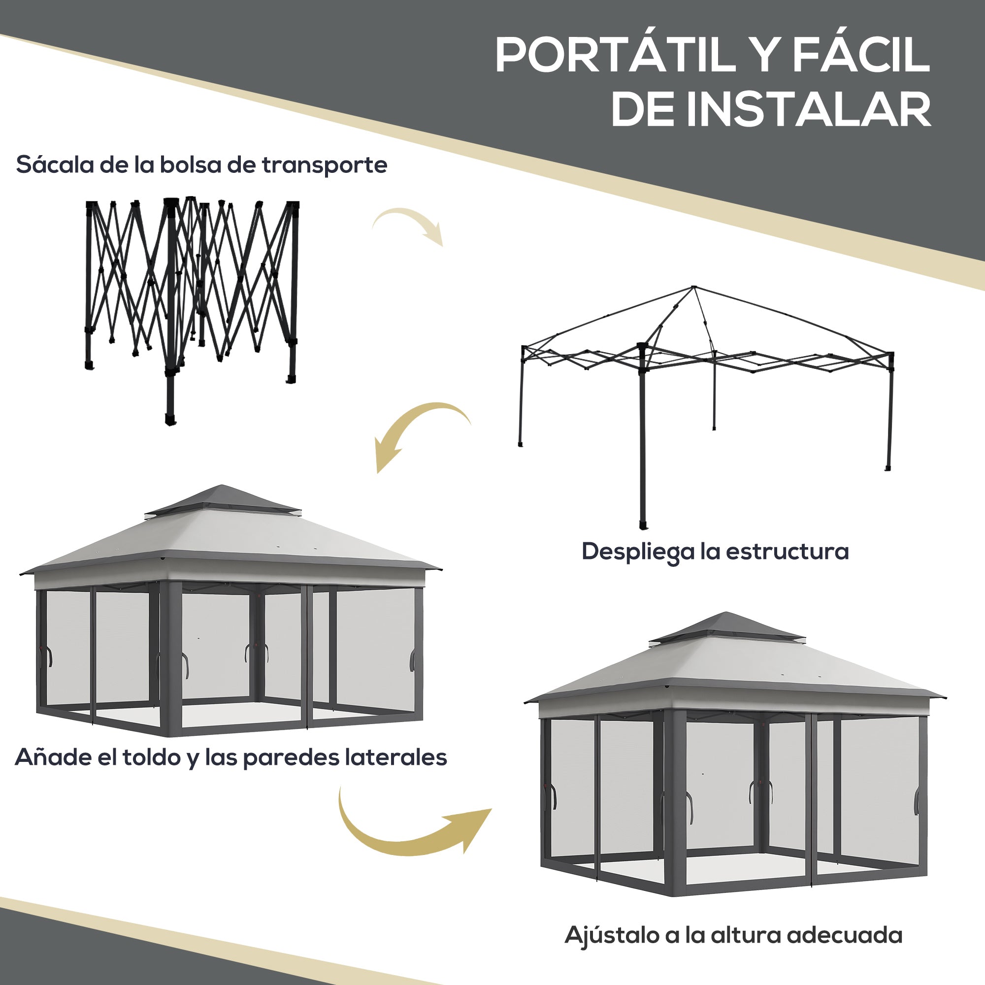Outsunny Carpa Plegable 3x3x2,7 m Cenador de Jardín con Doble Techo Altura Ajustable 4 Mosquiteras Protección UV30+ Impermeable y Bolsa Gazebo para Exterior Fiestas Camping Gris