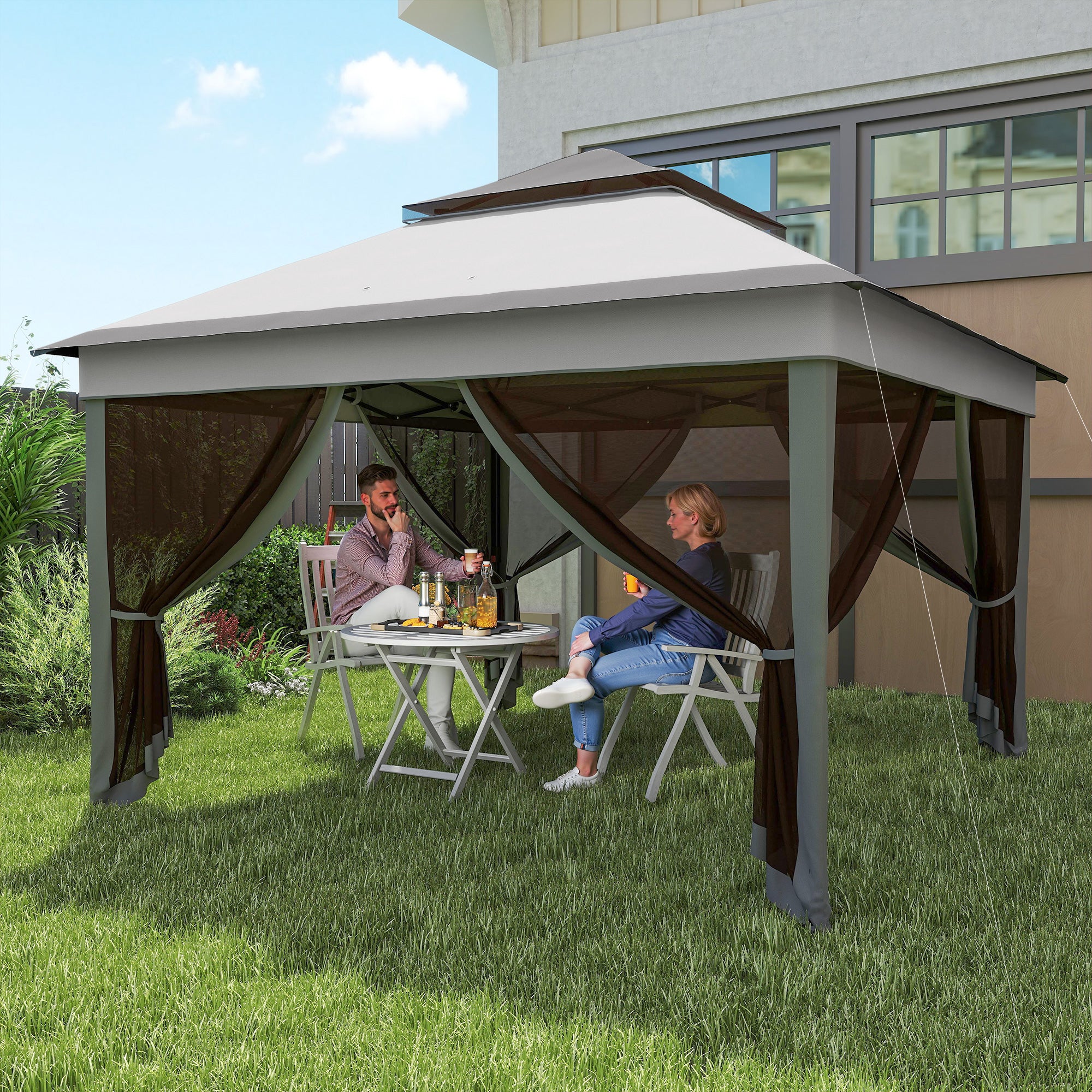Outsunny Carpa Plegable 3x3x2,7 m Cenador de Jardín con Doble Techo Altura Ajustable 4 Mosquiteras Protección UV30+ Impermeable y Bolsa Gazebo para Exterior Fiestas Camping Gris
