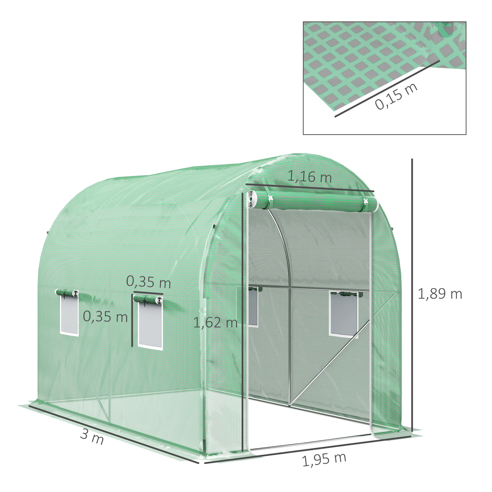 Outsunny Invernadero de Túnel 298x197x189 cm Invernadero de Jardín con Puerta Enrollable 4 Ventanas Cubierta PE 140g/m² Estructura de Metal Galvanizado para Cultivos Plantas Flores Verde