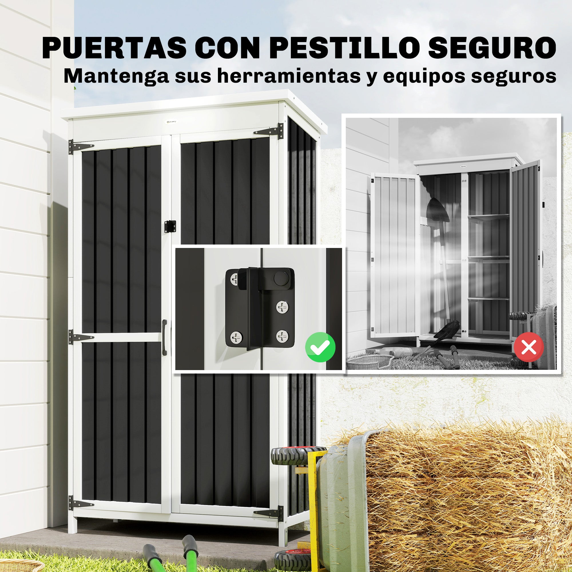 Outsunny Caseta de Jardín de Madera y Acero 94x43x166 cm Cobertizo Jardín Exterior Armario para Herramientas con 2 Puertas Estantes Ajustables Techo Impermeable para Terraza Fijación con Estacas Negro