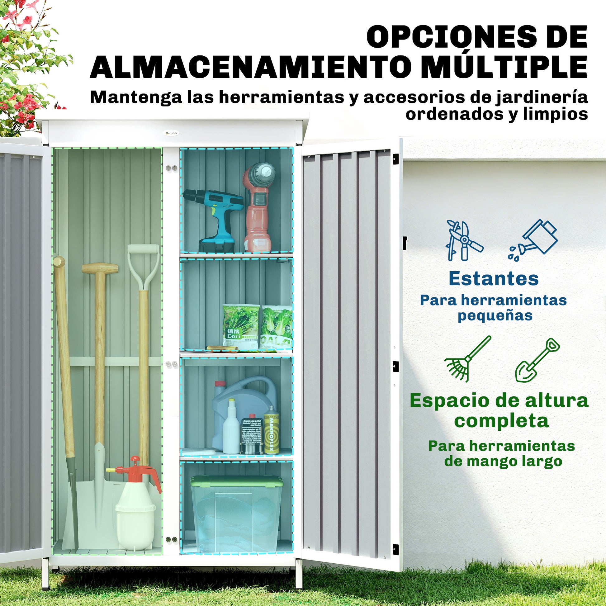 Outsunny Caseta de Jardín de Madera y Acero 94x43x166 cm Cobertizo Jardín Exterior Armario para Herramientas con 2 Puertas Estantes Ajustables Techo Impermeable para Terraza Fijación con Estacas Negro