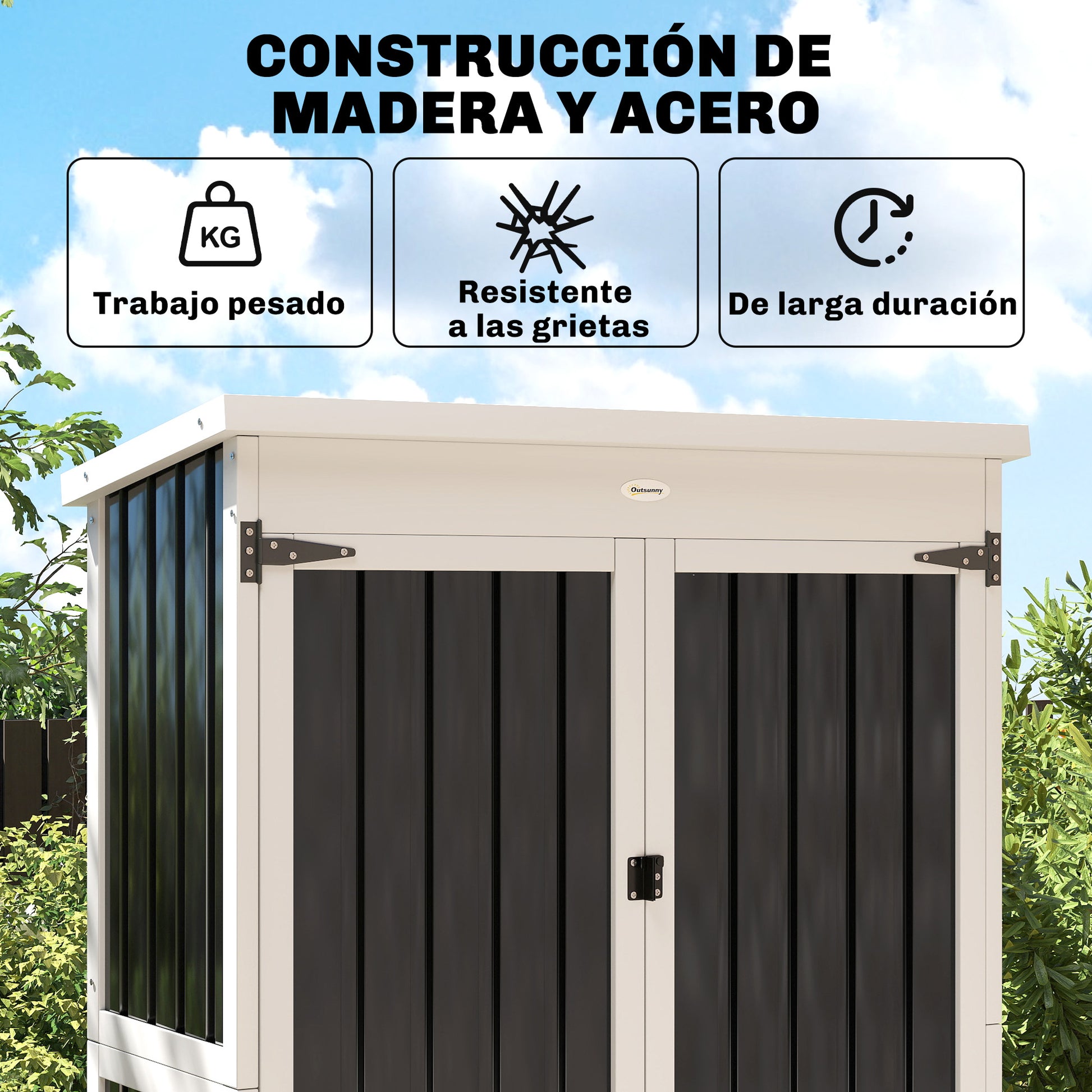 Outsunny Caseta de Jardín de Madera y Acero 94x43x166 cm Cobertizo Jardín Exterior Armario para Herramientas con 2 Puertas Estantes Ajustables Techo Impermeable para Terraza Fijación con Estacas Negro