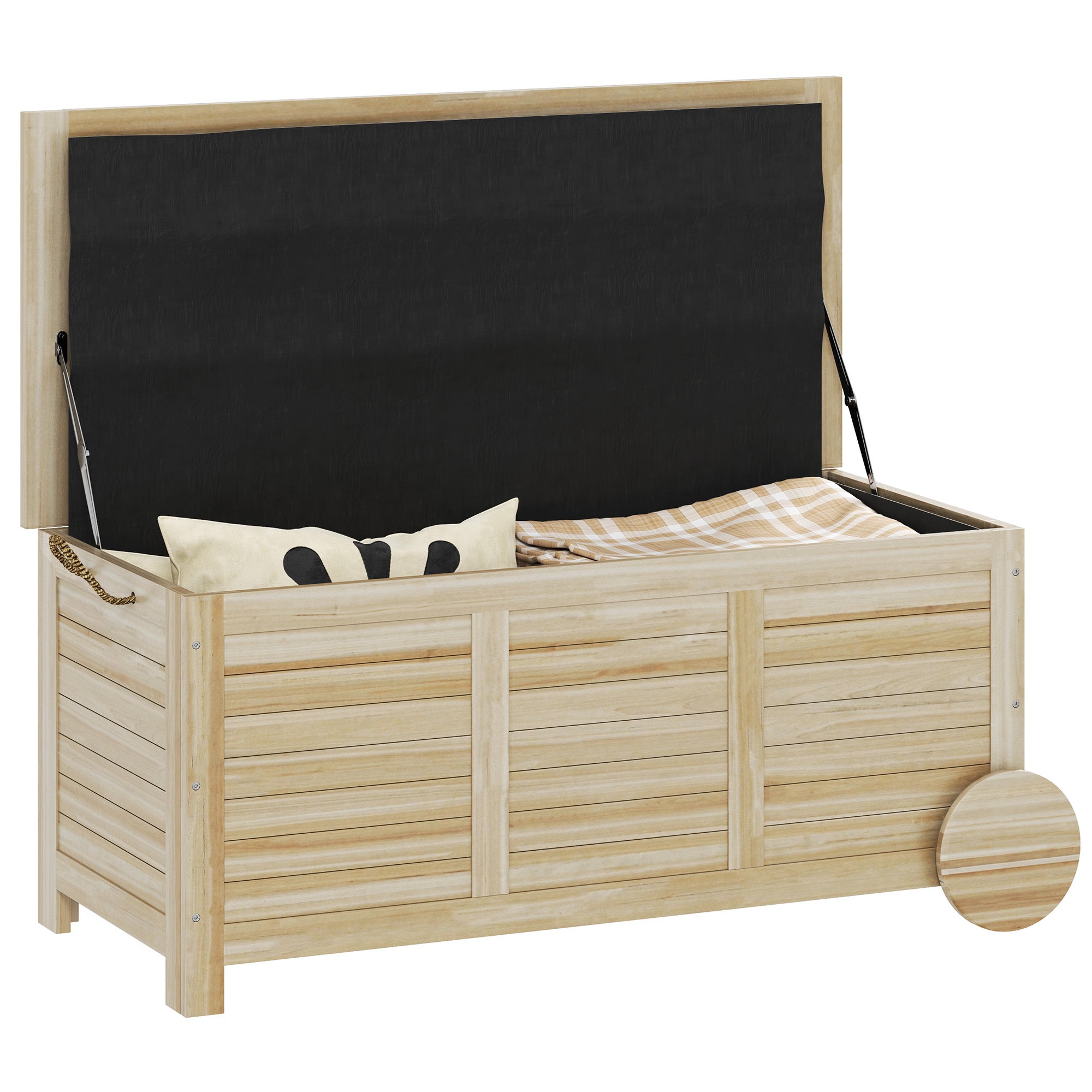 Outsunny Baúl de Almacenaje Exterior 185L Arcón de Jardín de Madera Impermeable con Tapa Abrible 2 Ruedas Cuerdas de Lino Bisagras Metálicas y Forro Interno 110x50x50 cm Natural