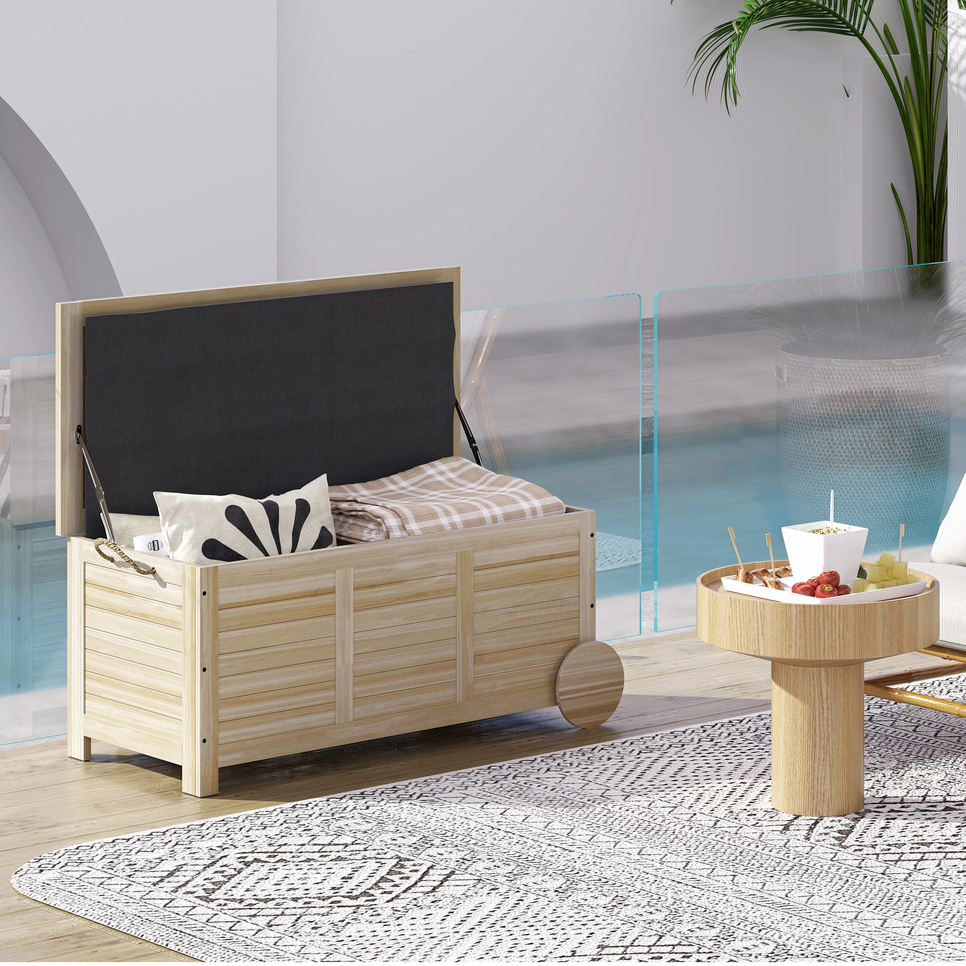 Outsunny Baúl de Almacenaje Exterior 185L Arcón de Jardín de Madera Impermeable con Tapa Abrible 2 Ruedas Cuerdas de Lino Bisagras Metálicas y Forro Interno 110x50x50 cm Natural