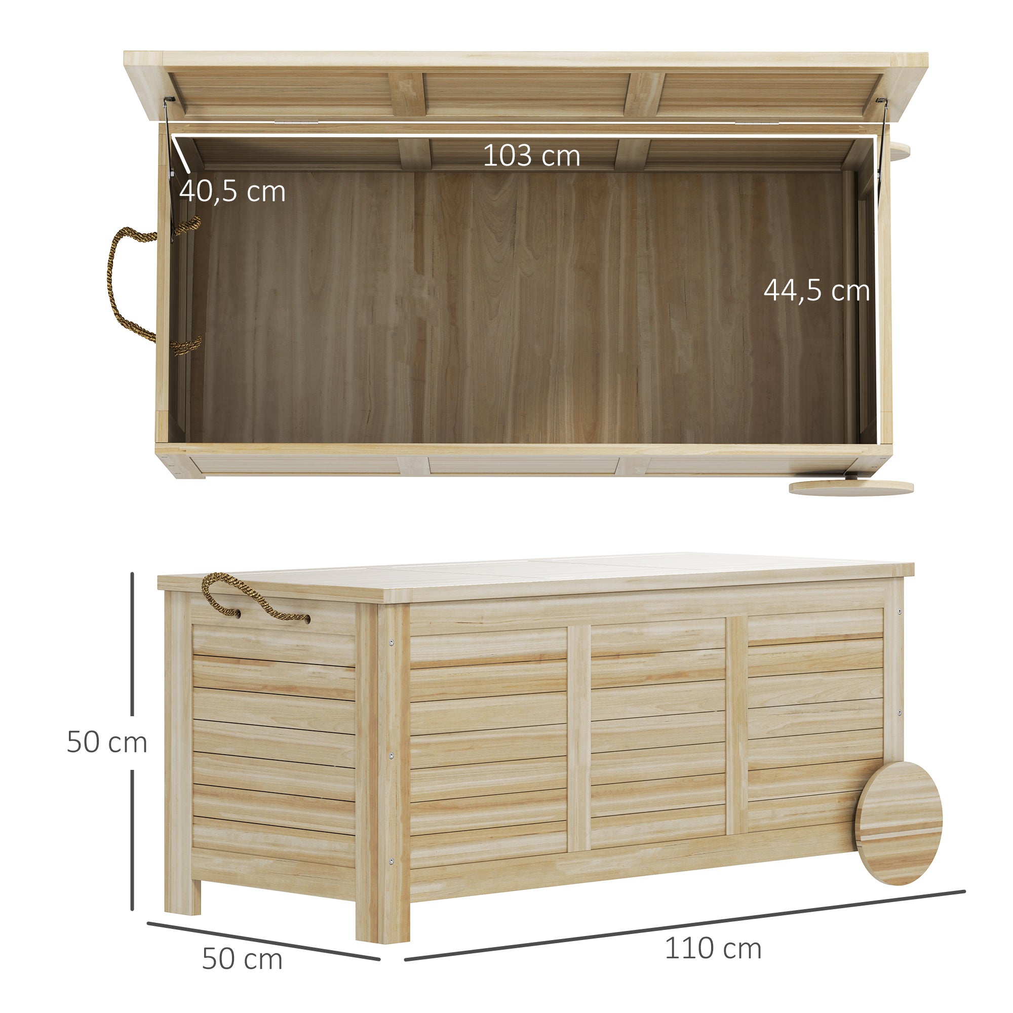 Outsunny Baúl de Almacenaje Exterior 185L Arcón de Jardín de Madera Impermeable con Tapa Abrible 2 Ruedas Cuerdas de Lino Bisagras Metálicas y Forro Interno 110x50x50 cm Natural