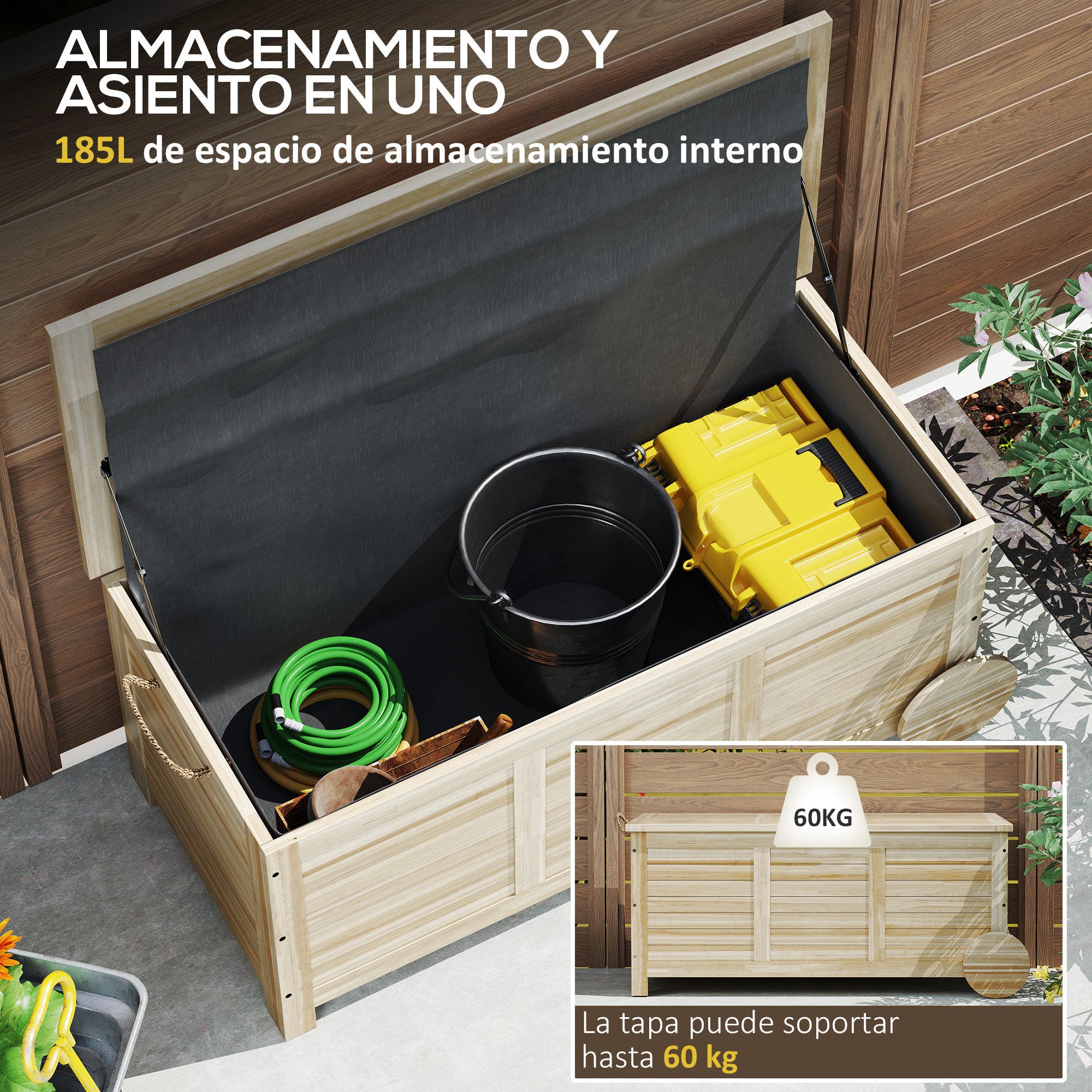 Outsunny Baúl de Almacenaje Exterior 185L Arcón de Jardín de Madera Impermeable con Tapa Abrible 2 Ruedas Cuerdas de Lino Bisagras Metálicas y Forro Interno 110x50x50 cm Natural