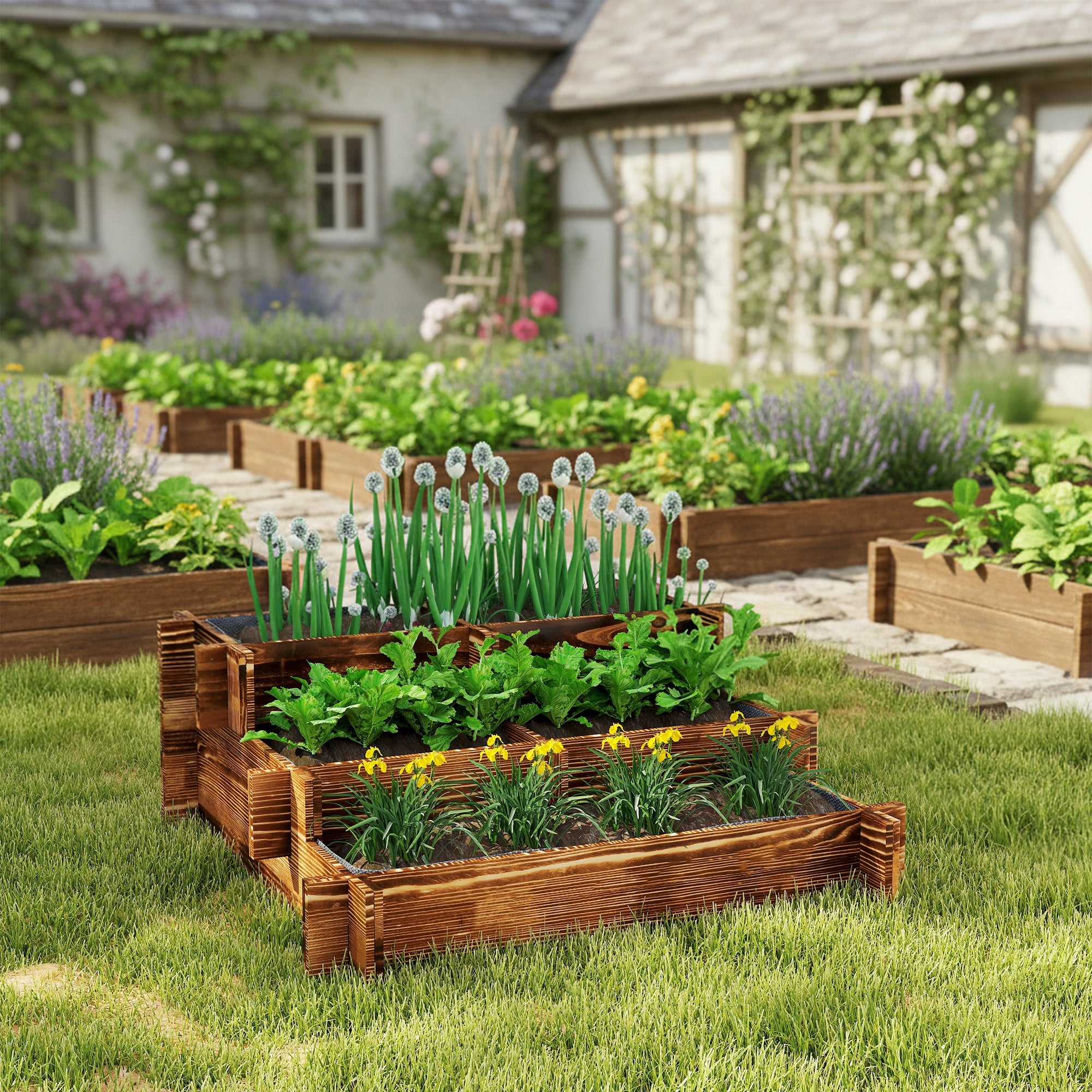 Outsunny Jardinera de Madera Arriate de Jardín de 3 Niveles con Diseño de Escalera y Tela no Tejida Huerto Urbano para Cultivos Plantas Flores para Terraza Jardín 93x93x35 cm Carbonizado
