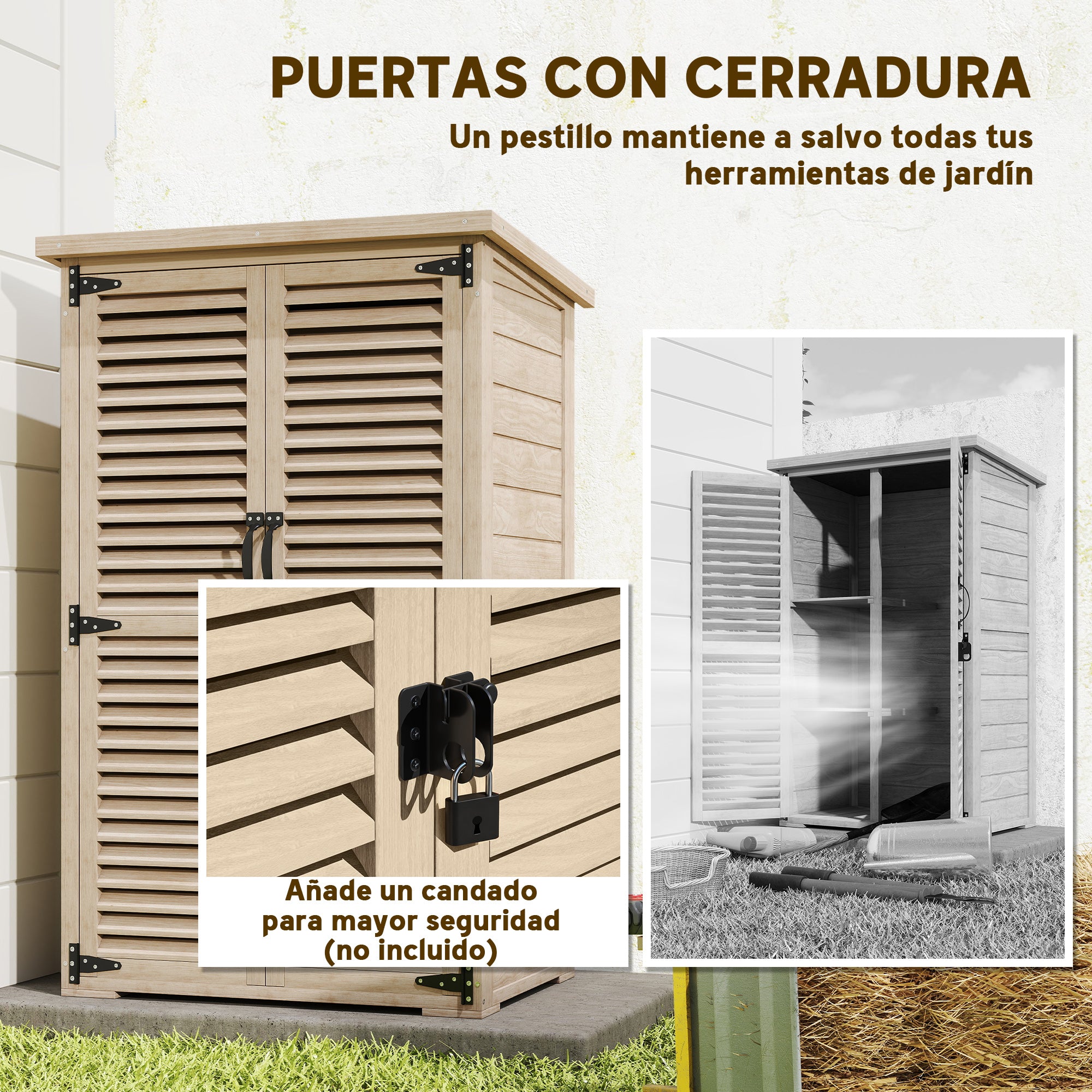 Outsunny Caseta de Jardín de Madera, 75x50x118 cm, Cobertizo Jardín Exterior, Armario para Almacenaje Herramientas, con 2 Puertas de Persiana 2 Estantes y Techo Impermeable para Patio Terraza, Natural