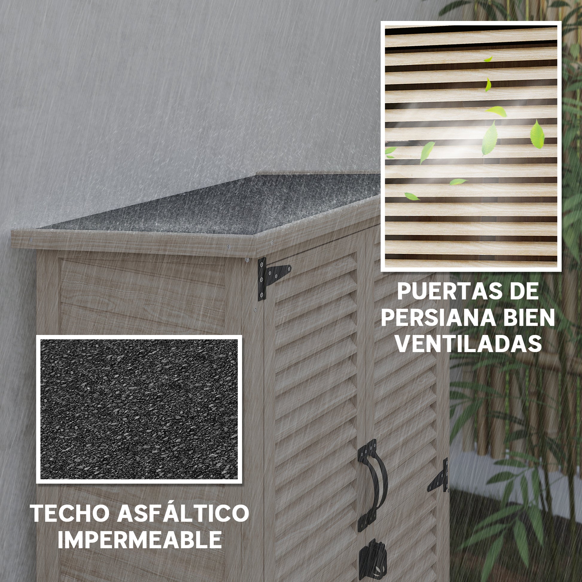 Outsunny Caseta de Jardín de Madera, 75x50x118 cm, Cobertizo Jardín Exterior, Armario para Almacenaje Herramientas, con 2 Puertas de Persiana 2 Estantes y Techo Impermeable para Patio Terraza, Natural