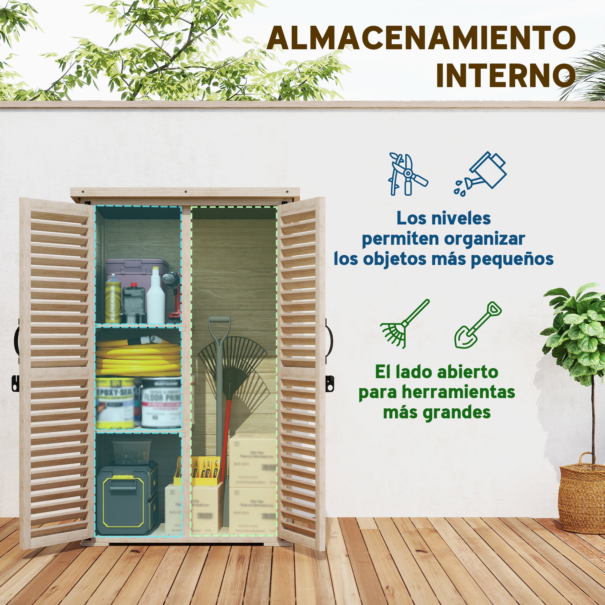 Outsunny Caseta de Jardín de Madera, 75x50x118 cm, Cobertizo Jardín Exterior, Armario para Almacenaje Herramientas, con 2 Puertas de Persiana 2 Estantes y Techo Impermeable para Patio Terraza, Natural