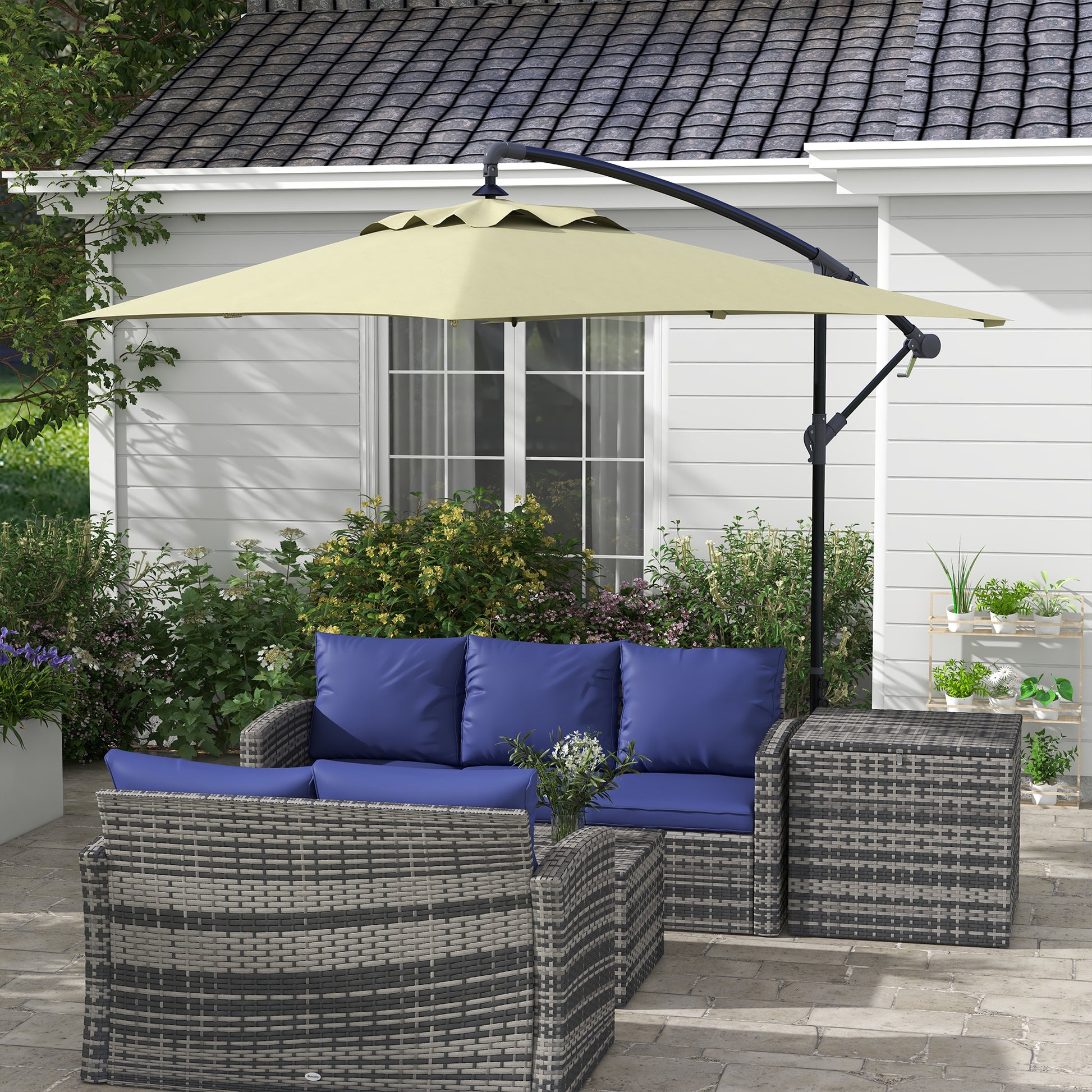 Outsunny Parasol Excéntrico 294x193 cm Sombrilla de Jardín con Base Cruzada y Manivela Impermeable Protección UV Sombrilla para Terraza Patio Beige