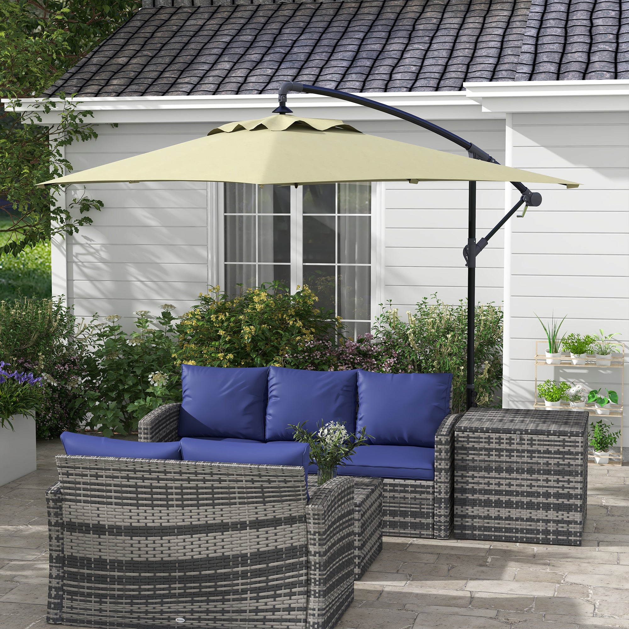 Outsunny Parasol Excéntrico 294x193 cm Sombrilla de Jardín con Base Cruzada y Manivela Impermeable Protección UV Sombrilla para Terraza Patio Beige