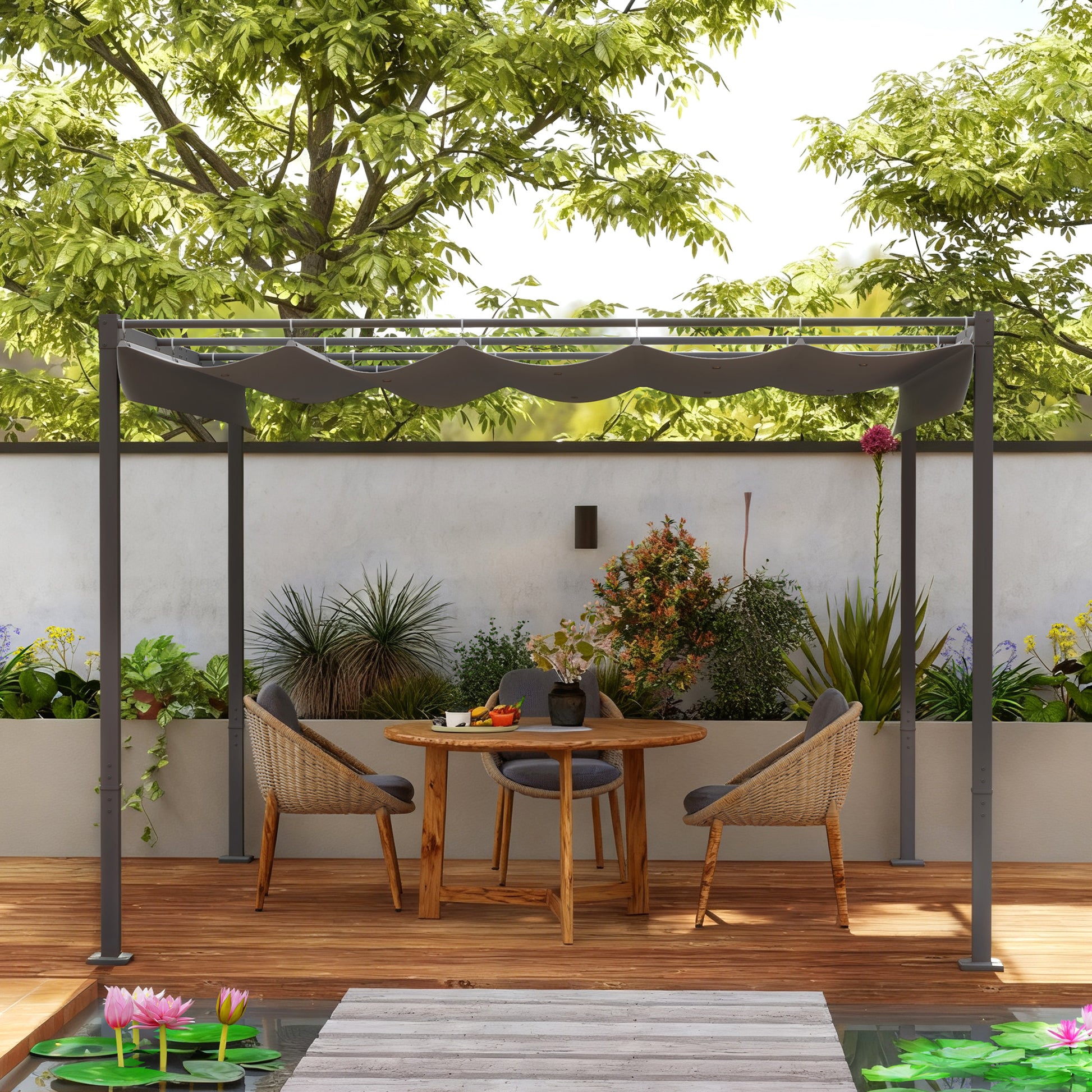 Outsunny Pérgola con Techo Retráctil Pérgola de 3x3 m Cenador de Pared o Independiente con Cierre Magnético Protección UV30+ Pabellón para Jardín Patio Terraza Exterior Gris