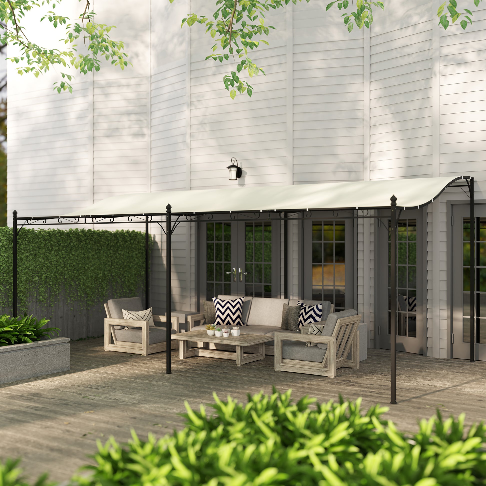 Outsunny Pérgola de Pared de Jardín 3x6 m, Cenador de Jardín con Techo Inclinado, Orificios de Drenaje y Estructura Metálica, Resistente a la Intemperie, para Patio, Terraza, Balcón, Blanco Crema