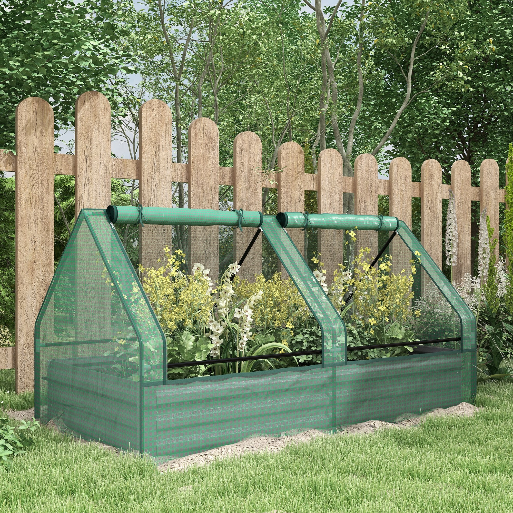 Outsunny Jardinera Exterior Grande con Mini Invernadero, Huerto Urbano de Acero Galvanizado con Base Abierta, Resistente a la Intemperie, para Patio, Terraza, Balcón, 185x95x92 cm, Gris y Verde