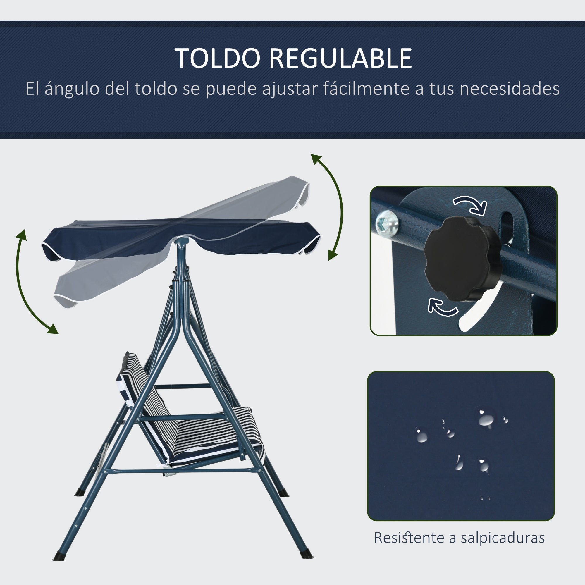 Outsunny Columpio de Jardín de 3 Plazas Balancín Exterior con Techo Ajustable y Marco de Acero para Balcón Terraza Patio Carga 240 kg 172x110x153 cm Raya Azul