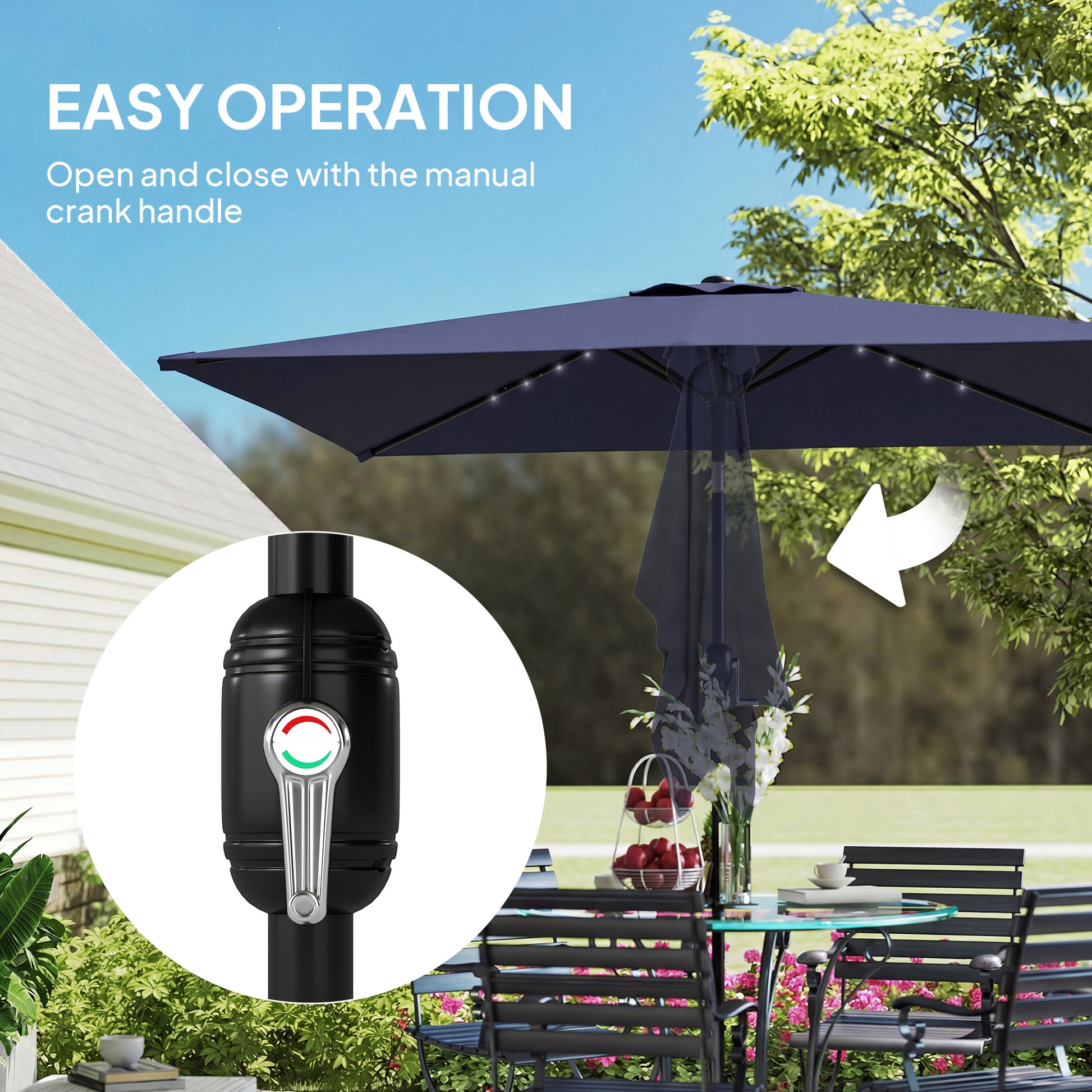 Outsunny Sombrilla Terraza Exterior, 2,9x2,5 m, Sombrilla de Jardín con 24 Luces LED Solares, Dosel Inclinable, Poste Metálico, Parasol para Patio, Terraza, Azul Oscuro
