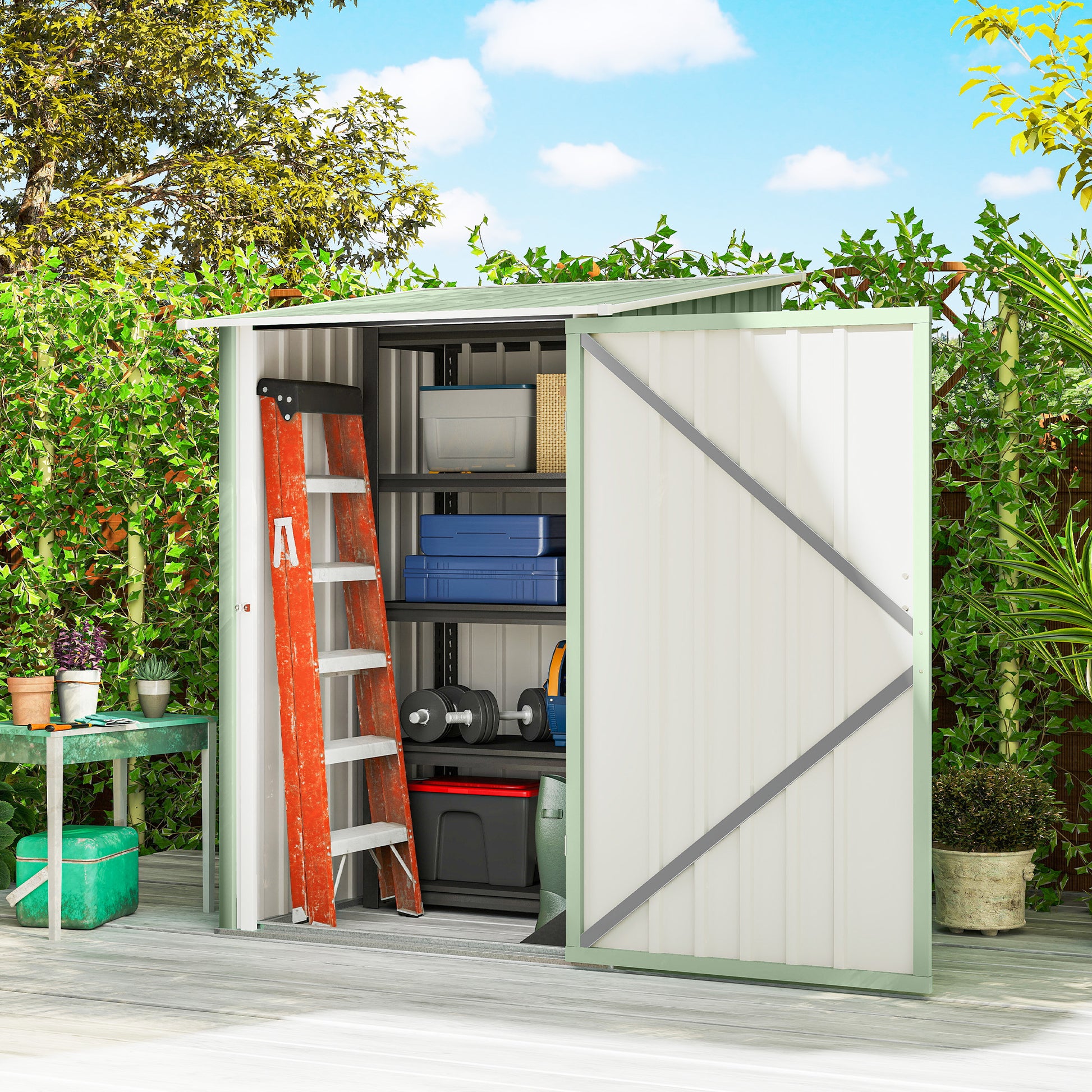 Outsunny Cobertizo de Jardín Exterior, 0,92 m², 100x103x160 cm, Caseta de Jardín Exterior Metálica con 1 Puerta y Cerradura, para Almacenamiento de Herramientas, para Patio, Terraza, Verde Claro