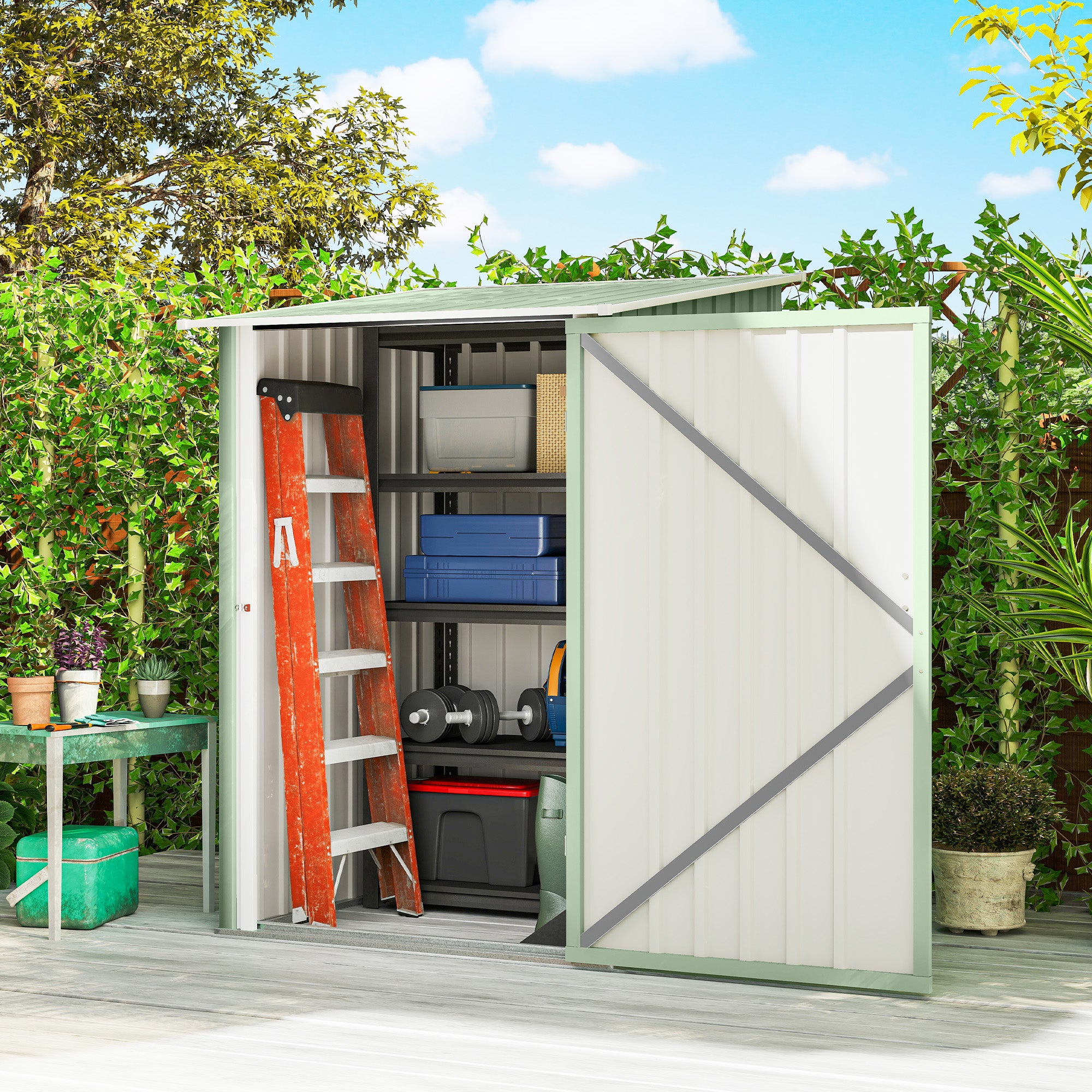Outsunny Cobertizo de Jardín Exterior, 0,92 m², 100x103x160 cm, Caseta de Jardín Exterior Metálica con 1 Puerta y Cerradura, para Almacenamiento de Herramientas, para Patio, Terraza, Verde Claro