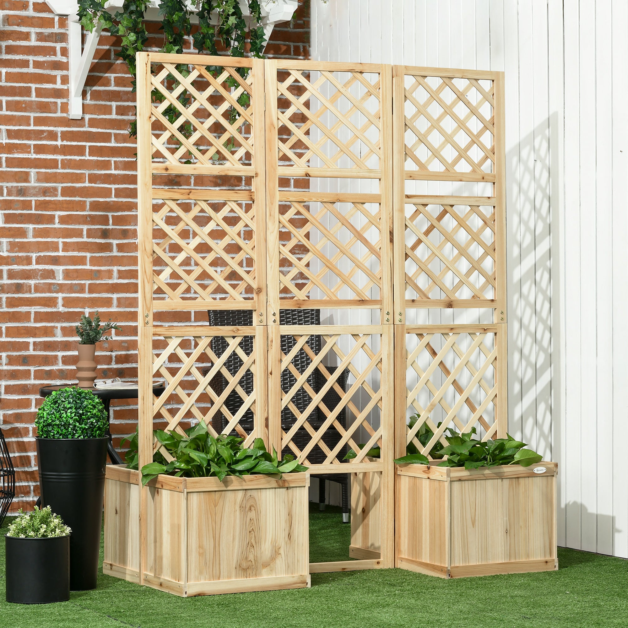 Outsunny Biombo Exterior de 3 Paneles de Madera con 4 Macetas Pantalla de Privacidad de Jardín con Orificios de Drenaje Separador de Ambientes para Terraza Patio 133x62x165 cm Natural