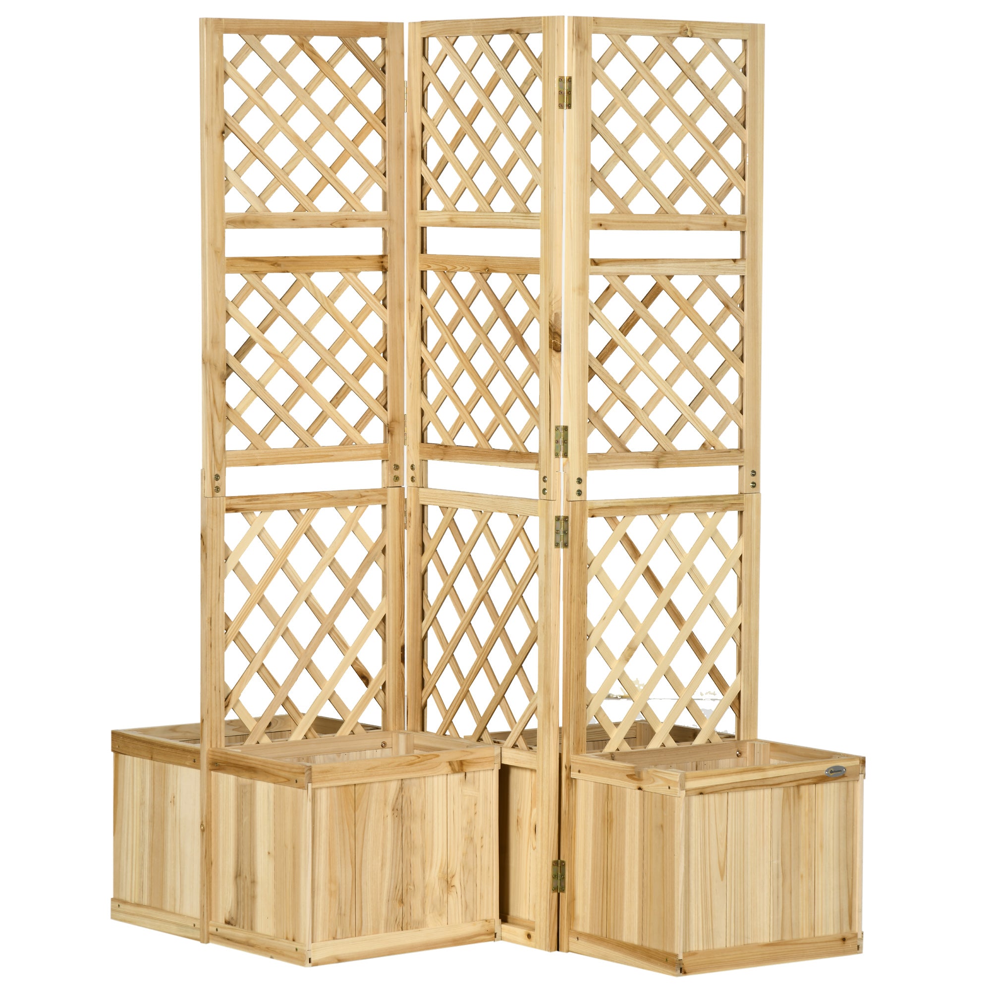 Outsunny Biombo Exterior de 3 Paneles de Madera con 4 Macetas Pantalla de Privacidad de Jardín con Orificios de Drenaje Separador de Ambientes para Terraza Patio 133x62x165 cm Natural