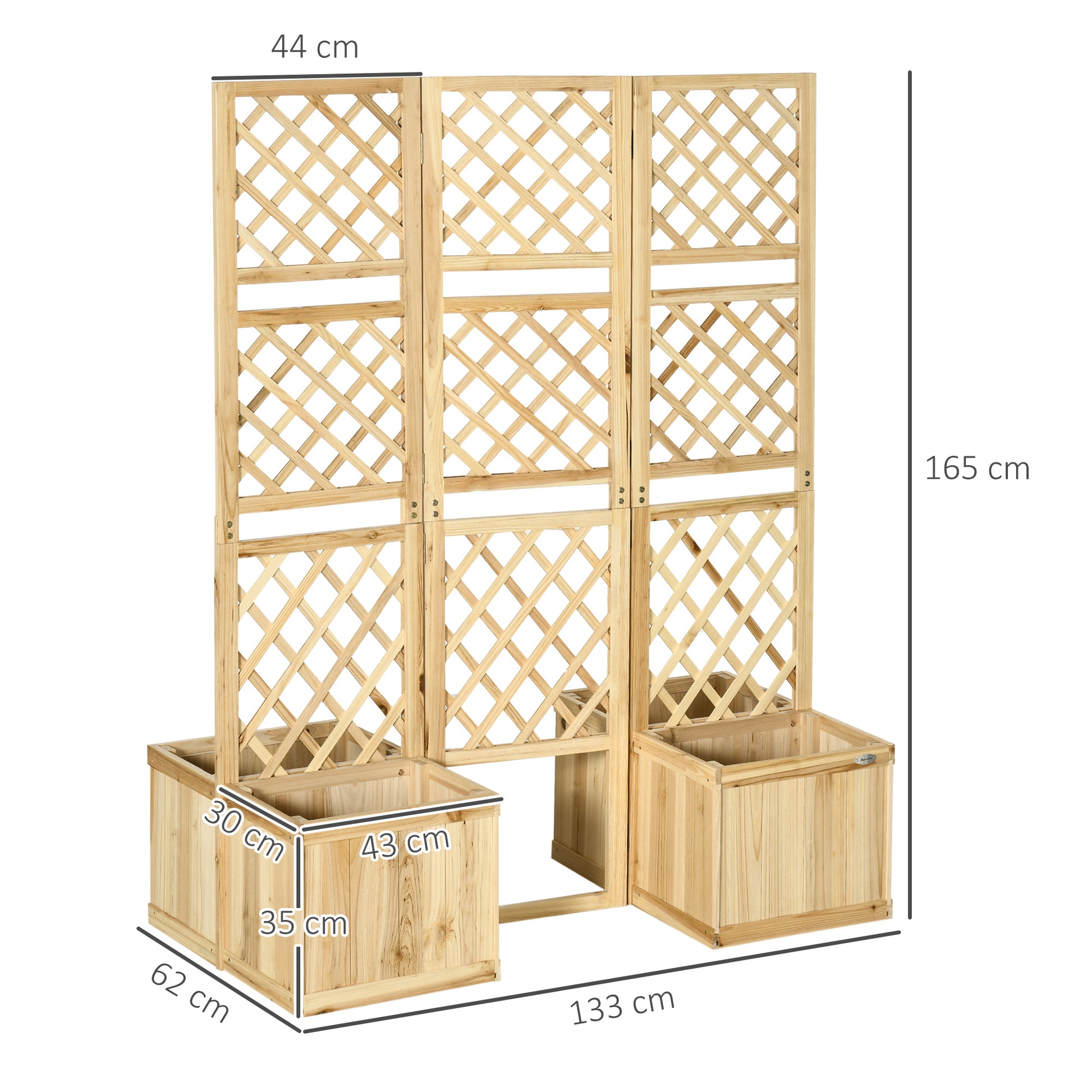Outsunny Biombo Exterior de 3 Paneles de Madera con 4 Macetas Pantalla de Privacidad de Jardín con Orificios de Drenaje Separador de Ambientes para Terraza Patio 133x62x165 cm Natural